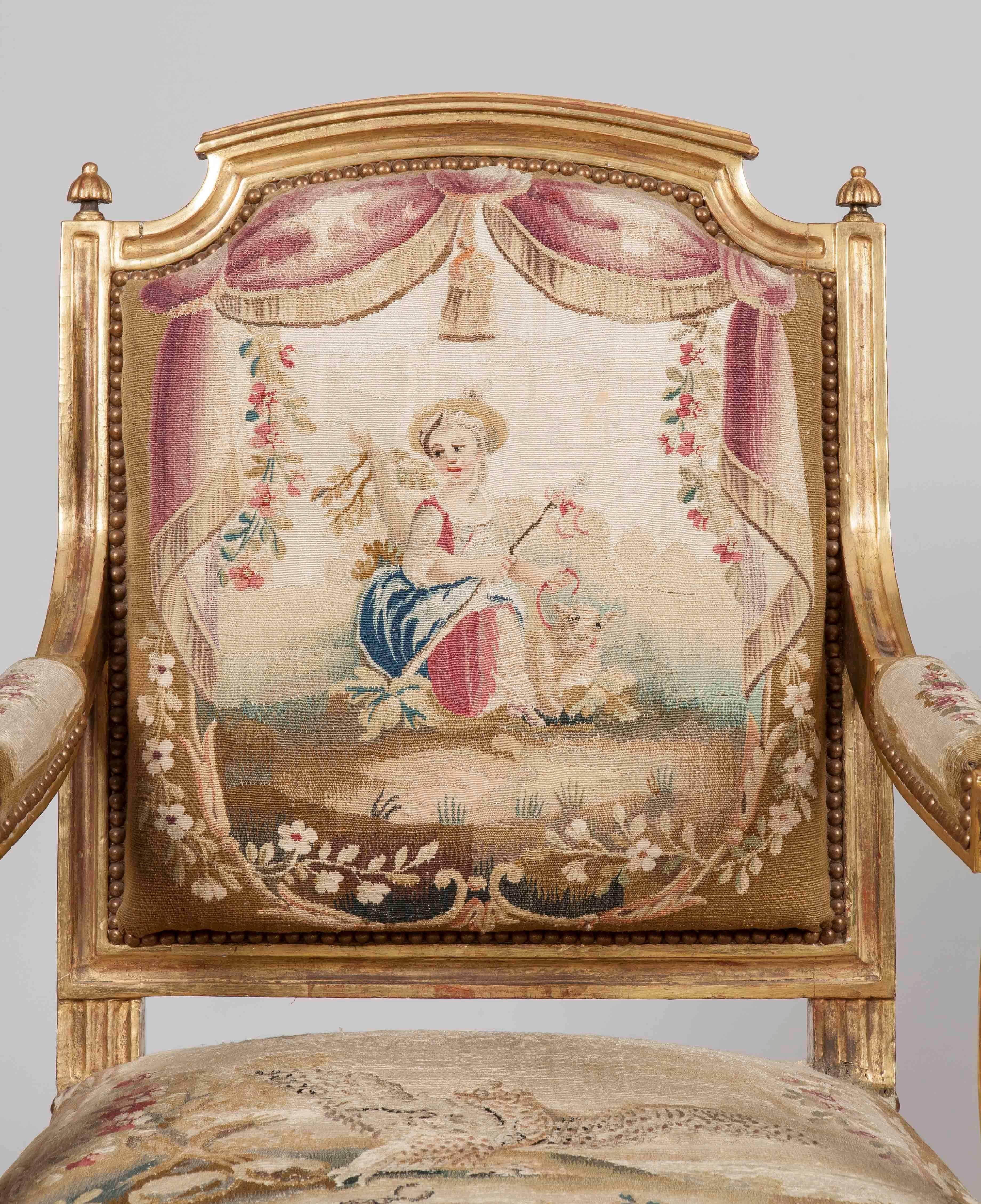 French Pair of Louis XVI Period Giltwood and Tapestry Armchairs