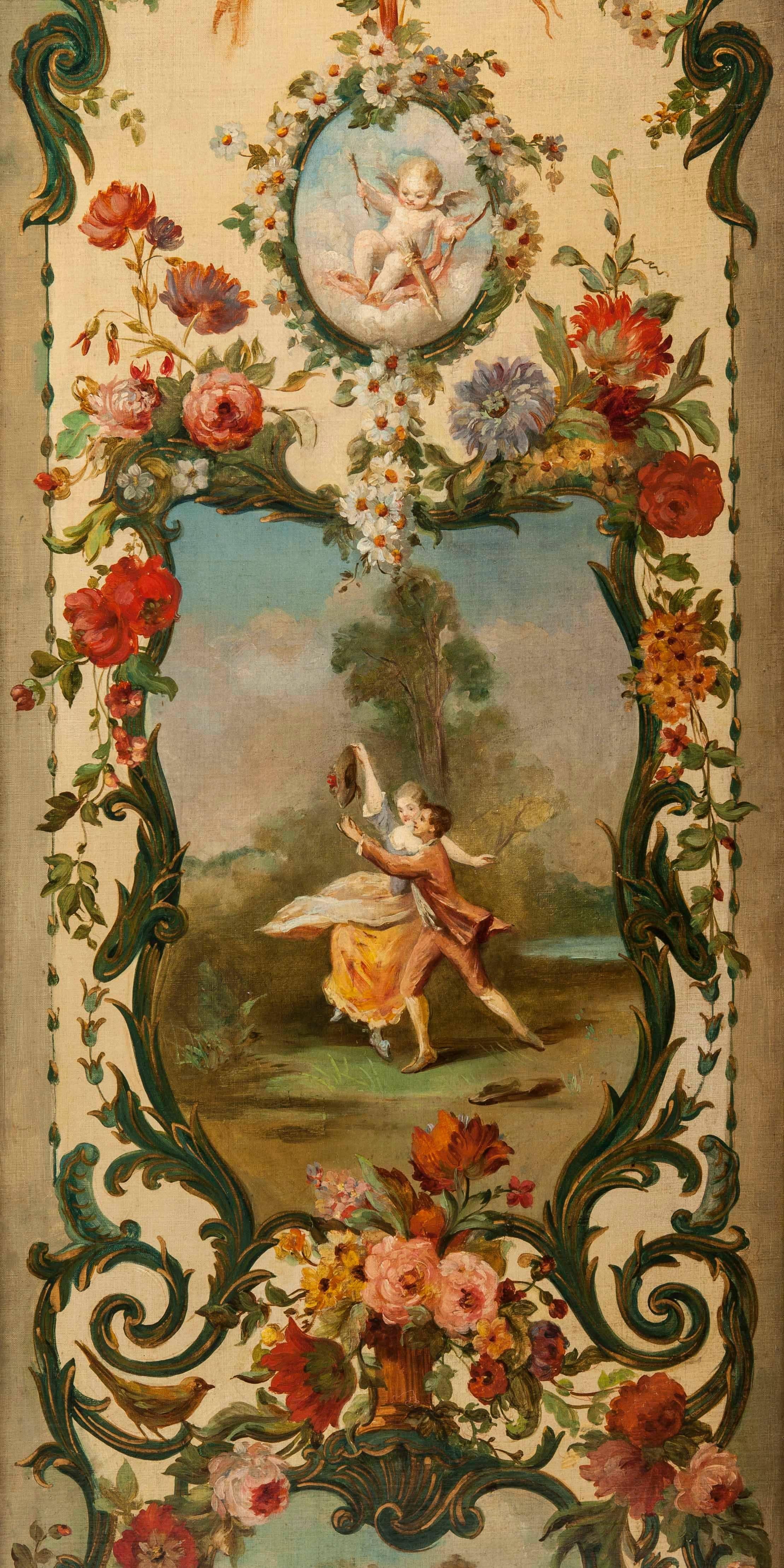A five fold screen in the early romantic manner.

The gold gilt wood frames, channelled, with a bound cannellure design, have arched tops and enclose the five hand-painted oil on canvas scenes of a series of bucolic ‘fete galante’ scenes in the