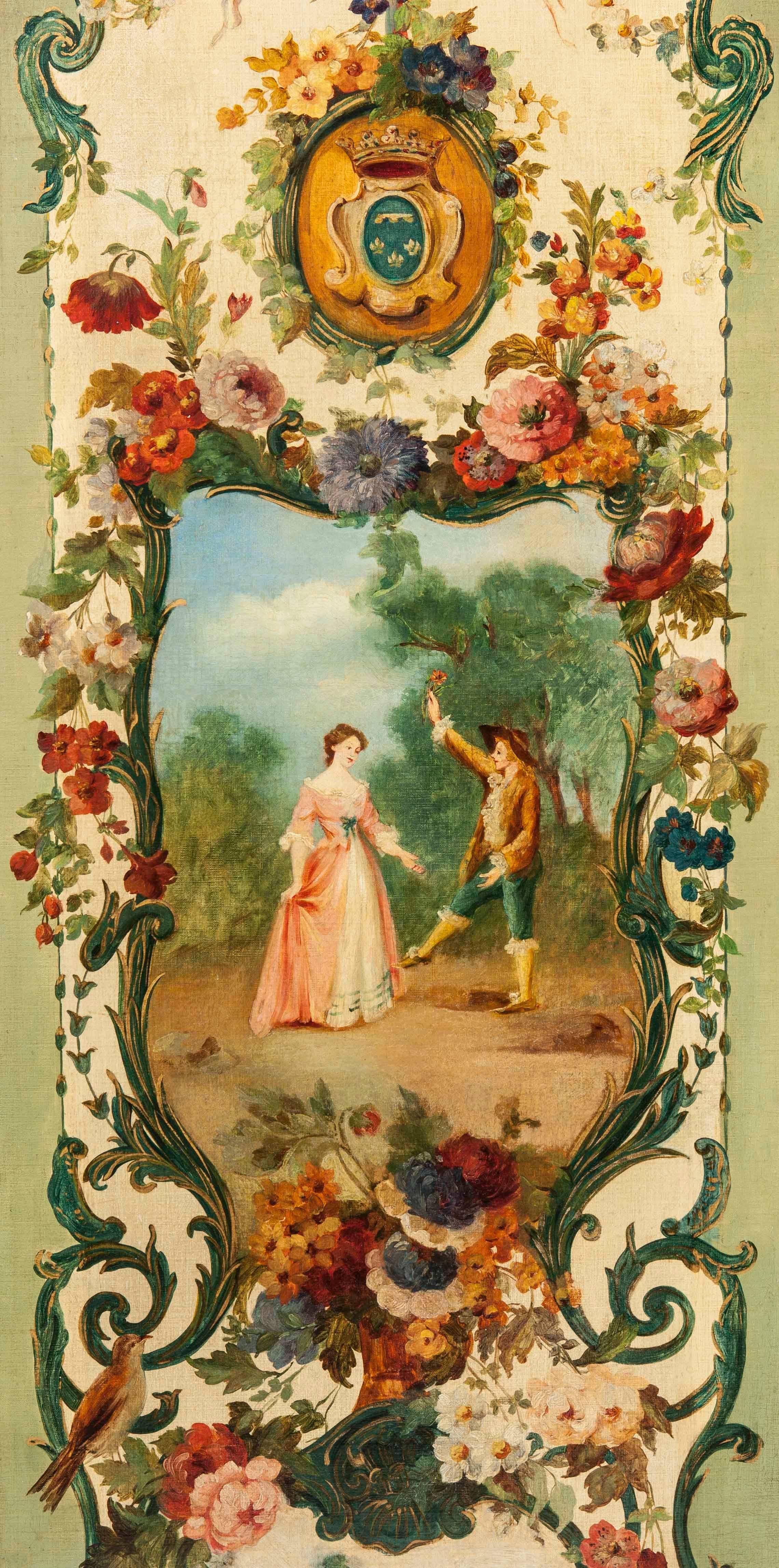 Romantic French 19th Century Five Fold Decorative Screen with Hand-Painted Scenes