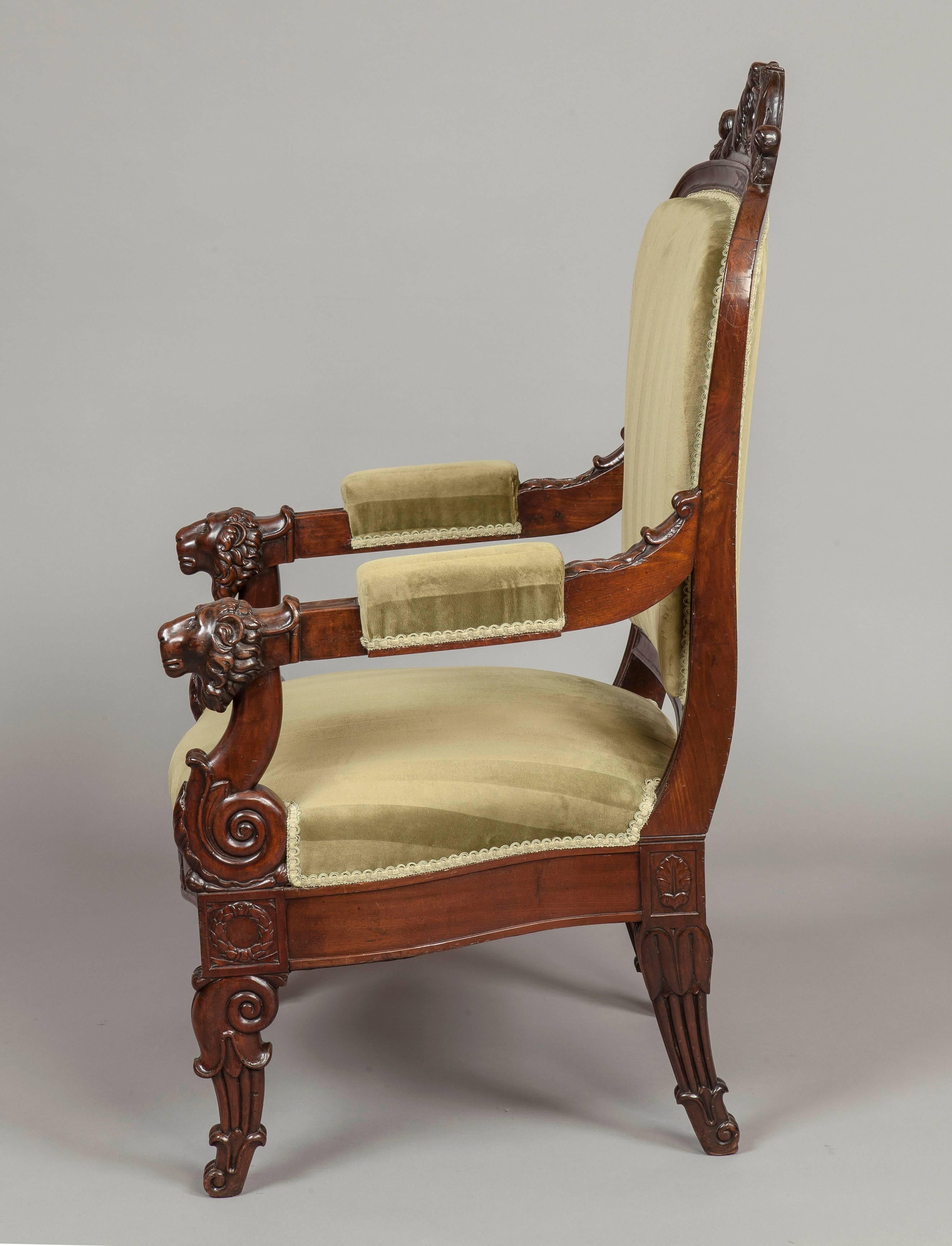 Regency Pair of French Carved Mahogany Armchairs, 19th Century