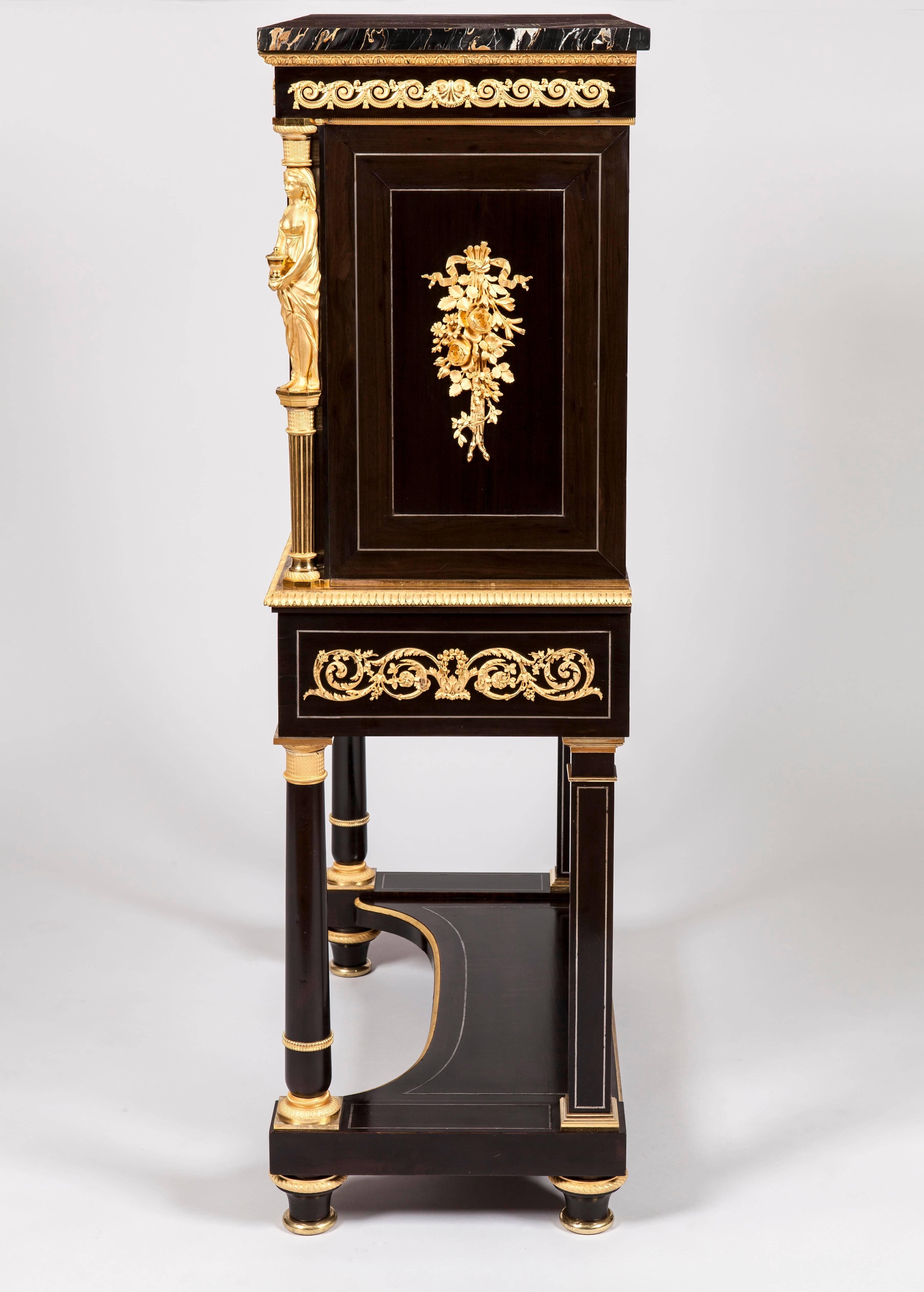 Renaissance Pair of French 19th Century Ebony, Hard Stone and Ormolu Mounted Secretaires