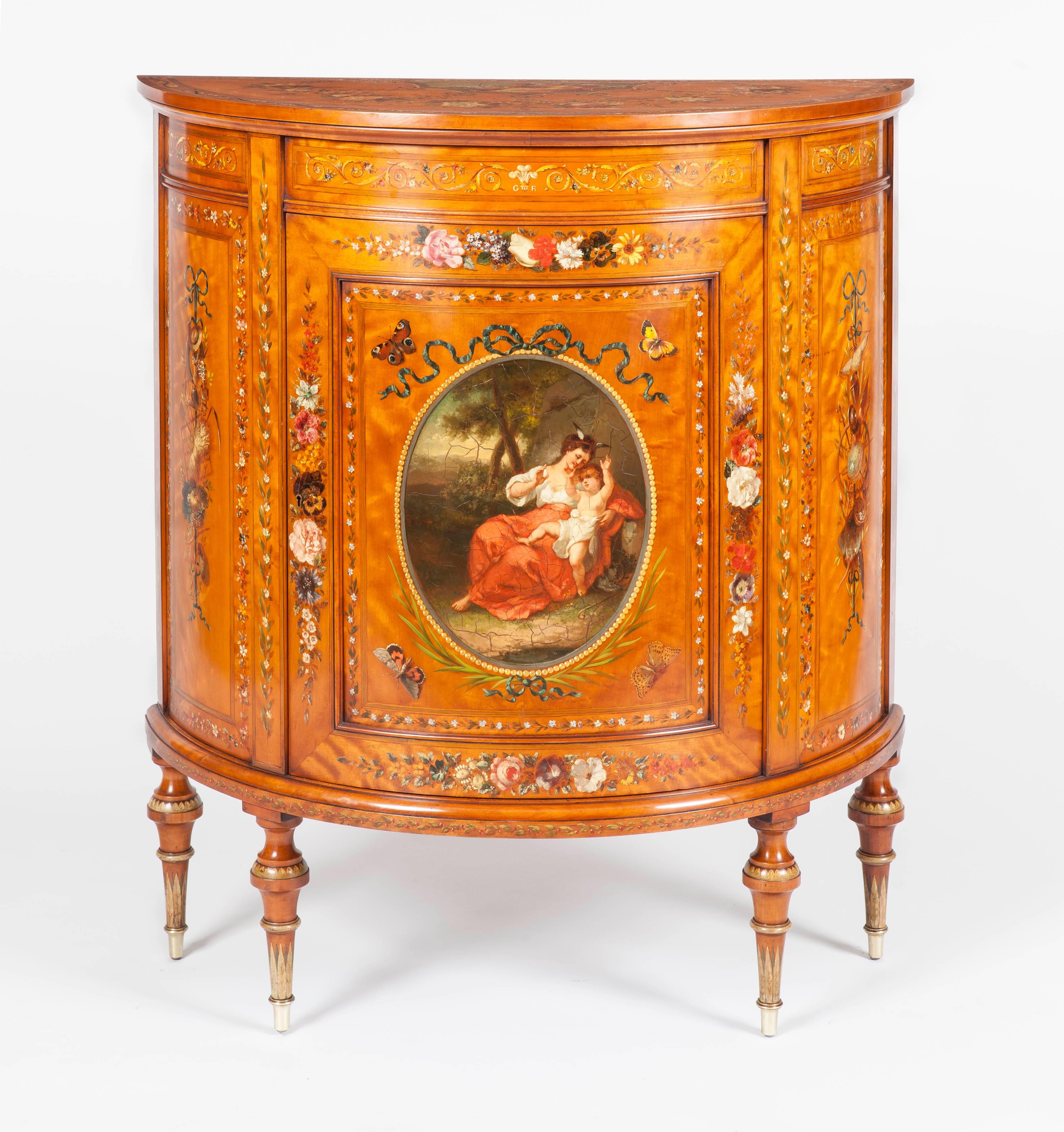 Satinwood Pair of 19th Century English Demilune Commodes in the Neoclassical Style