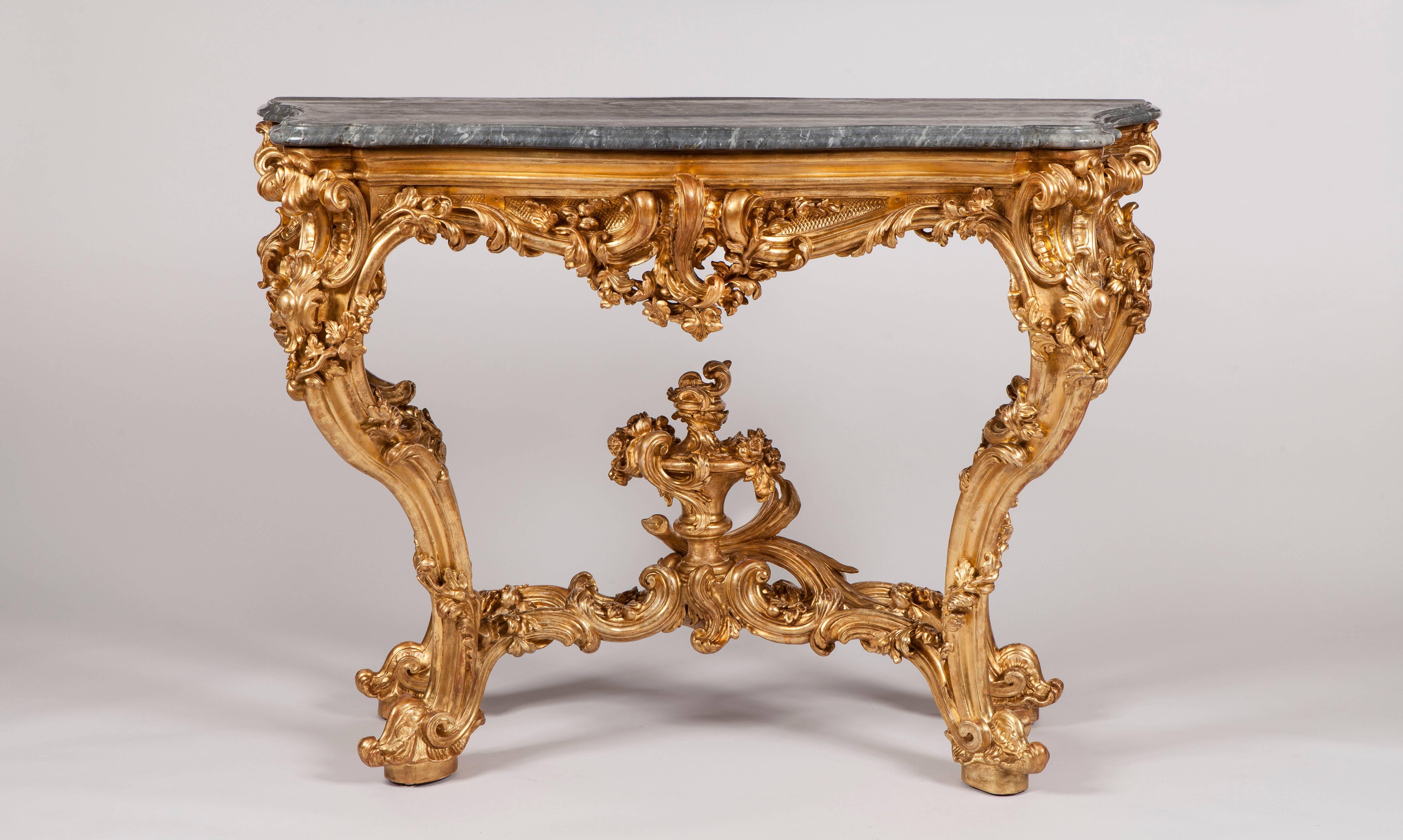 Pair of 18th Century Rococo Northern Italian Giltwood and Marble Console Tables (Rokoko)
