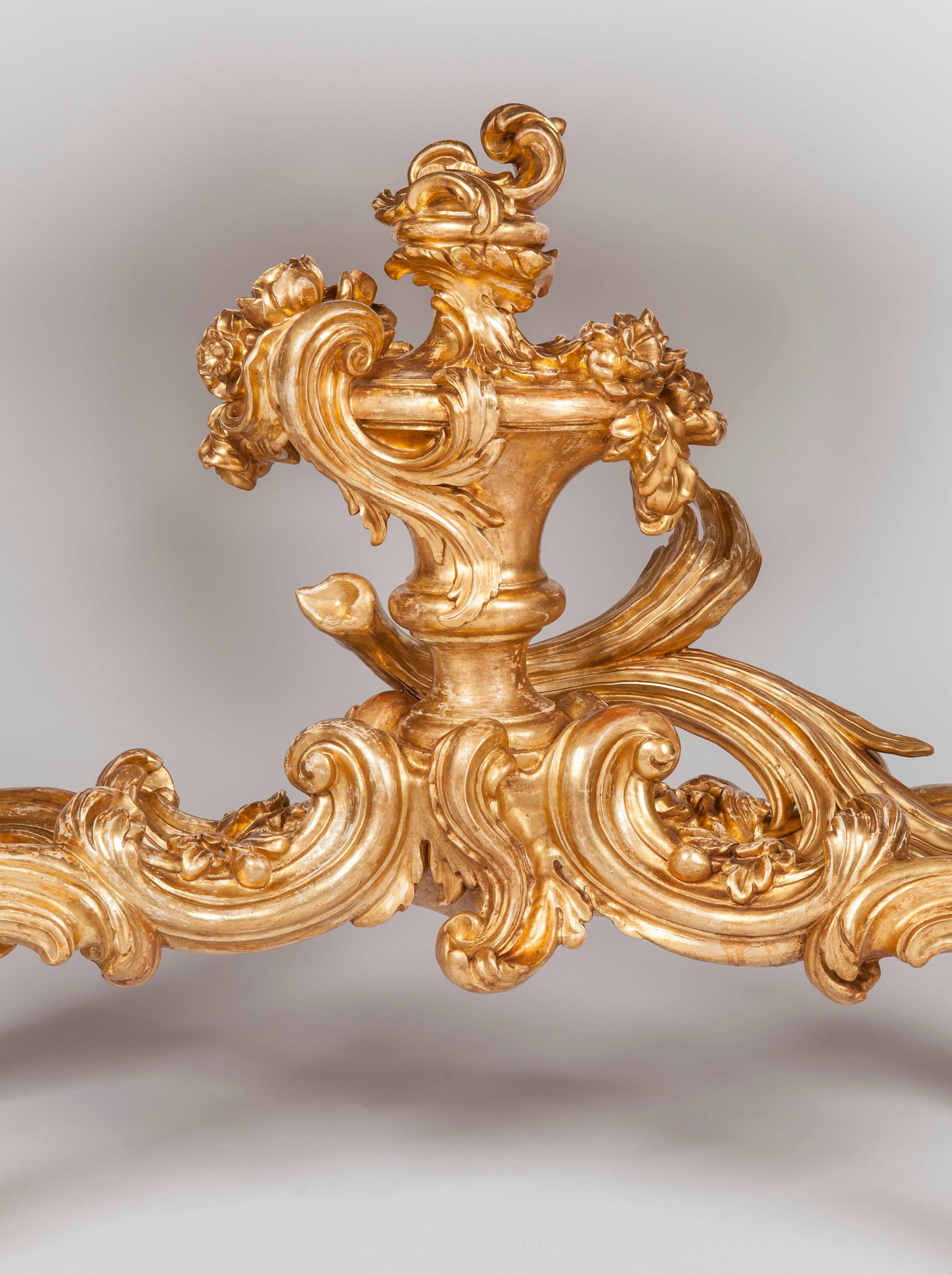 Hand-Carved Pair of 18th Century Rococo Northern Italian Giltwood and Marble Console Tables
