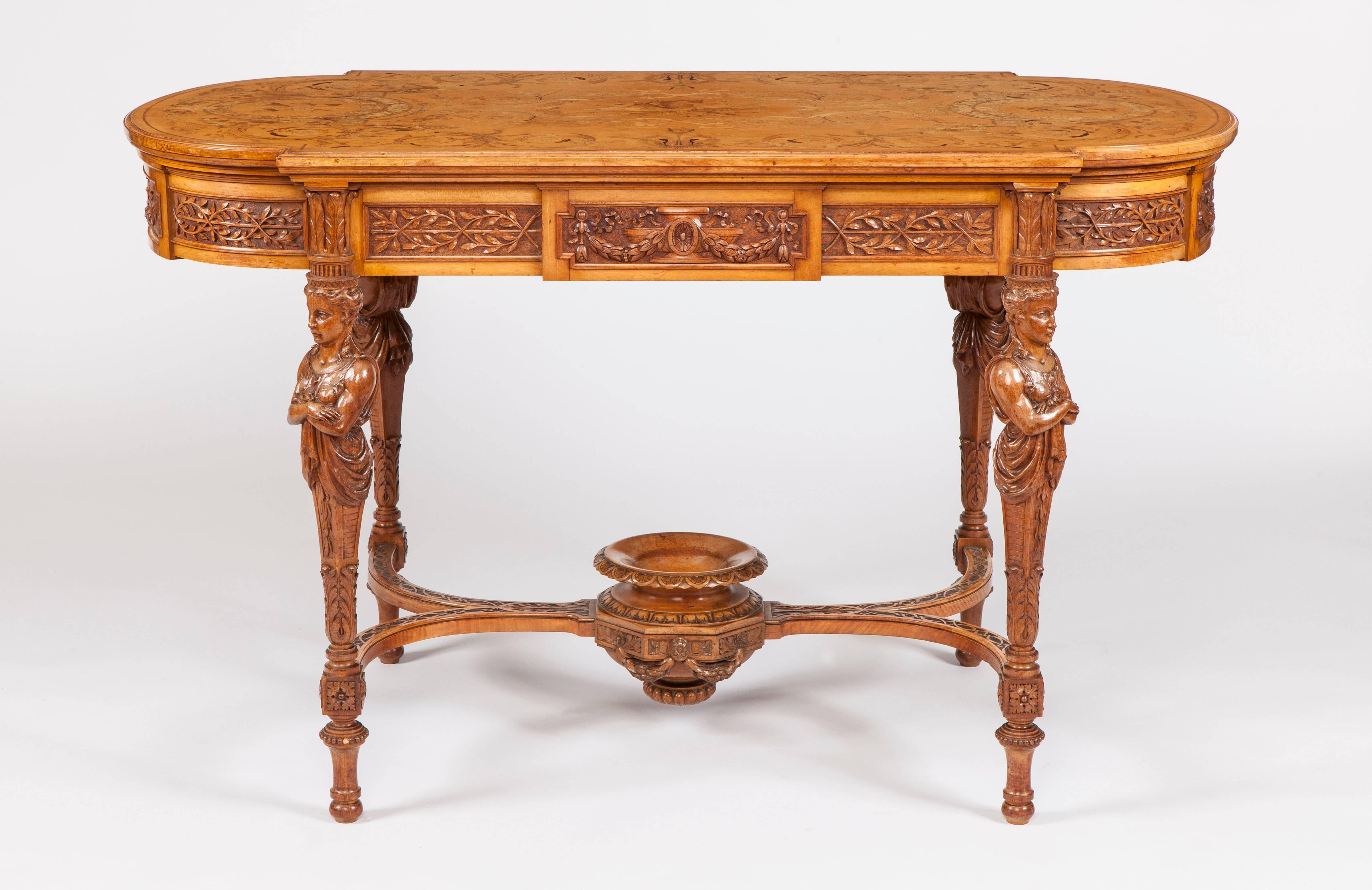 Carved English Satinwood and Marquetry Centre Table by James Plucknett of Warwick For Sale