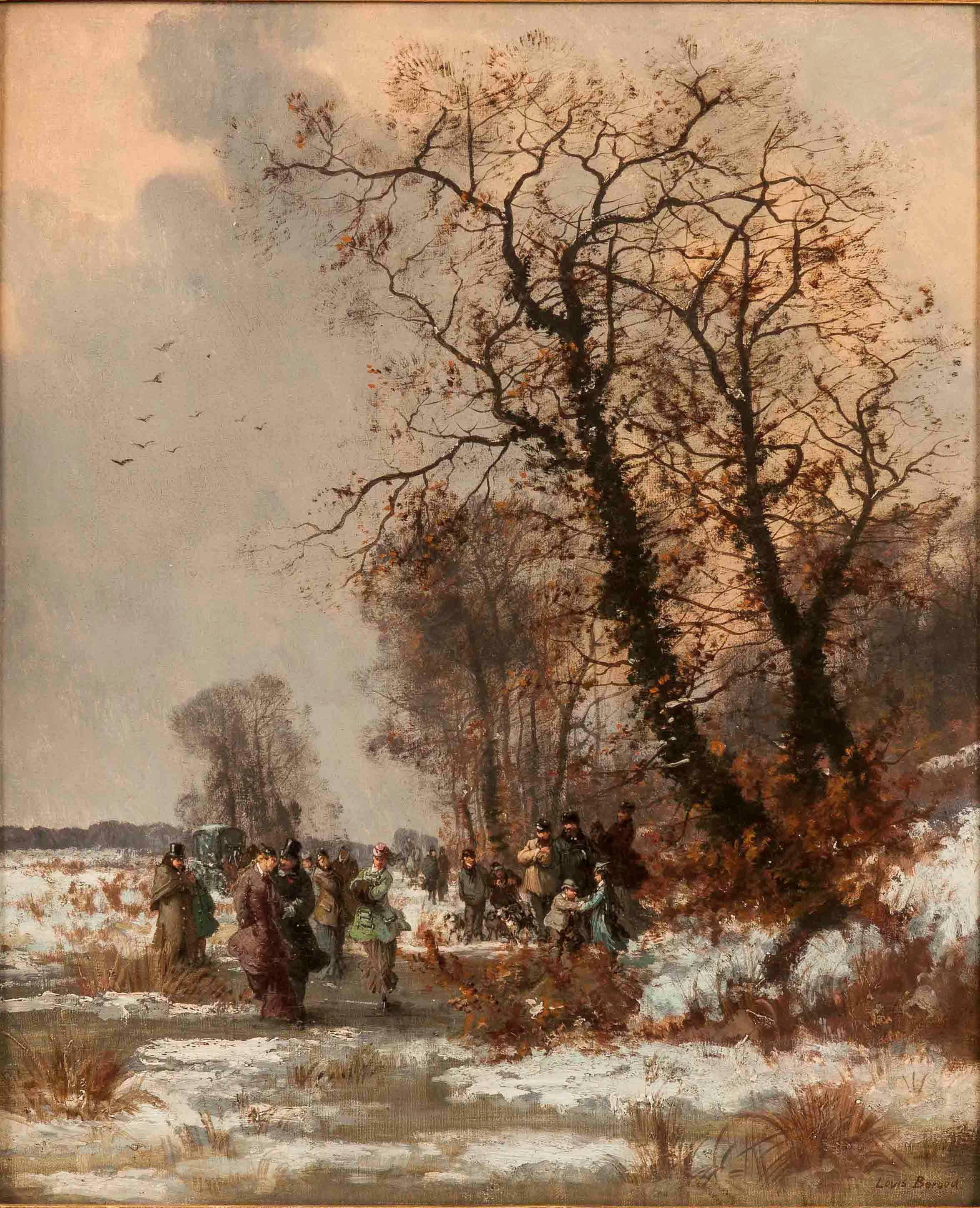 Representa un paisaje invernal blanco y gris con figuras patinando sobre hielo y observando de pie en la nieve, bajo un conjunto de árboles altos. 

El óleo sobre lienzo enmarcado en dorado barrido está firmado, abajo a la izquierda.
Francés

Tamaño