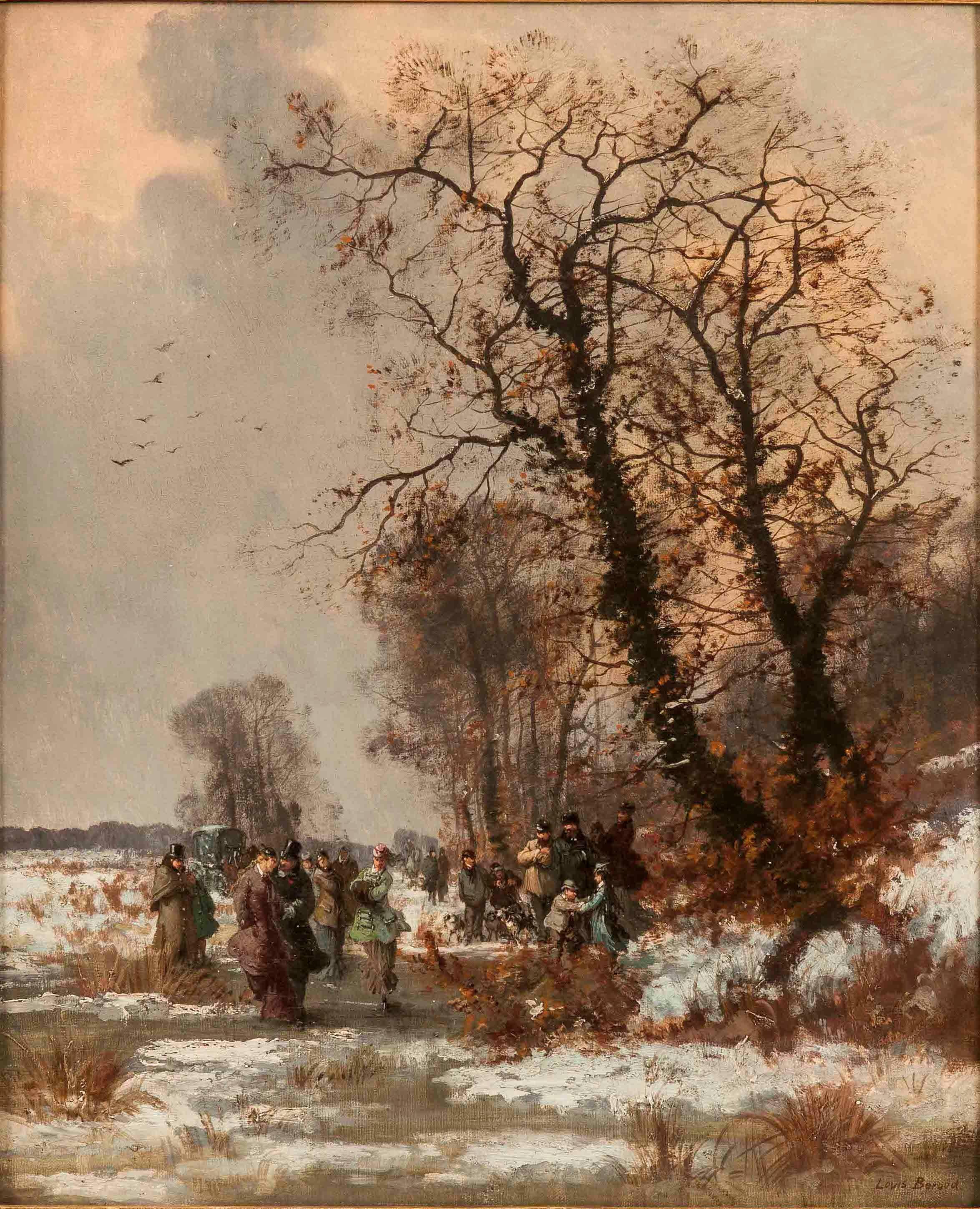 Depicts a white and grey winter landscape with figures ice skating and watching standing in the snow, under a set of tall trees. 

The swept gilt framed oil on canvas is signed, lower left.
French

Sight Size: H: 25 in / 64 cm W: 20.5 in / 52