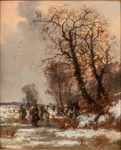 Peinture à l'huile ancienne 'The Skating Party' par Louis Béroud