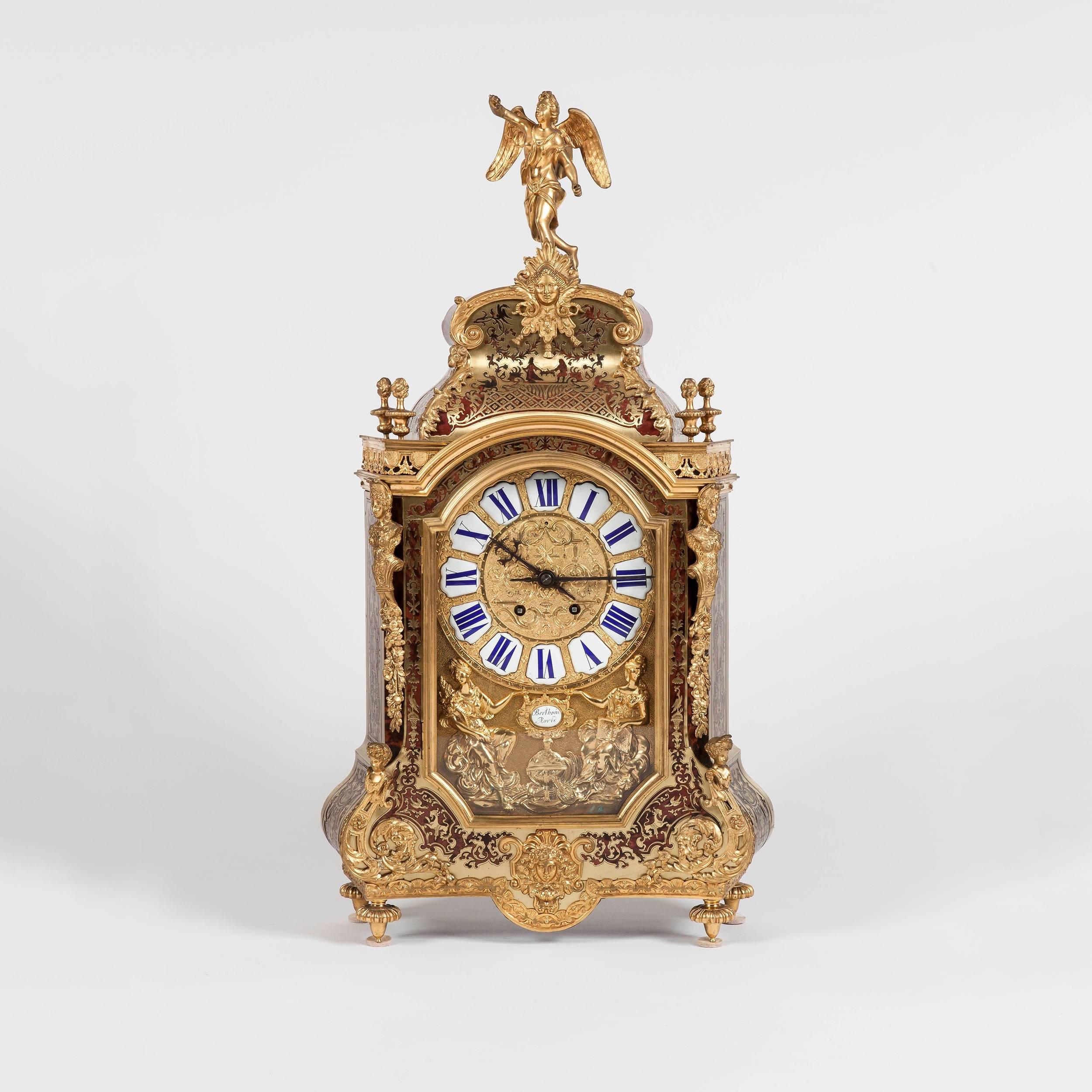 A French second empire bracket clock by Berthoud of Paris 
In the manner of Andre-Charles Boulle

Constructed in tortoiseshell and brass in premiere-partie Boulle work, the decoration drawing inspiration from Jean Berain, and adorned with bronze