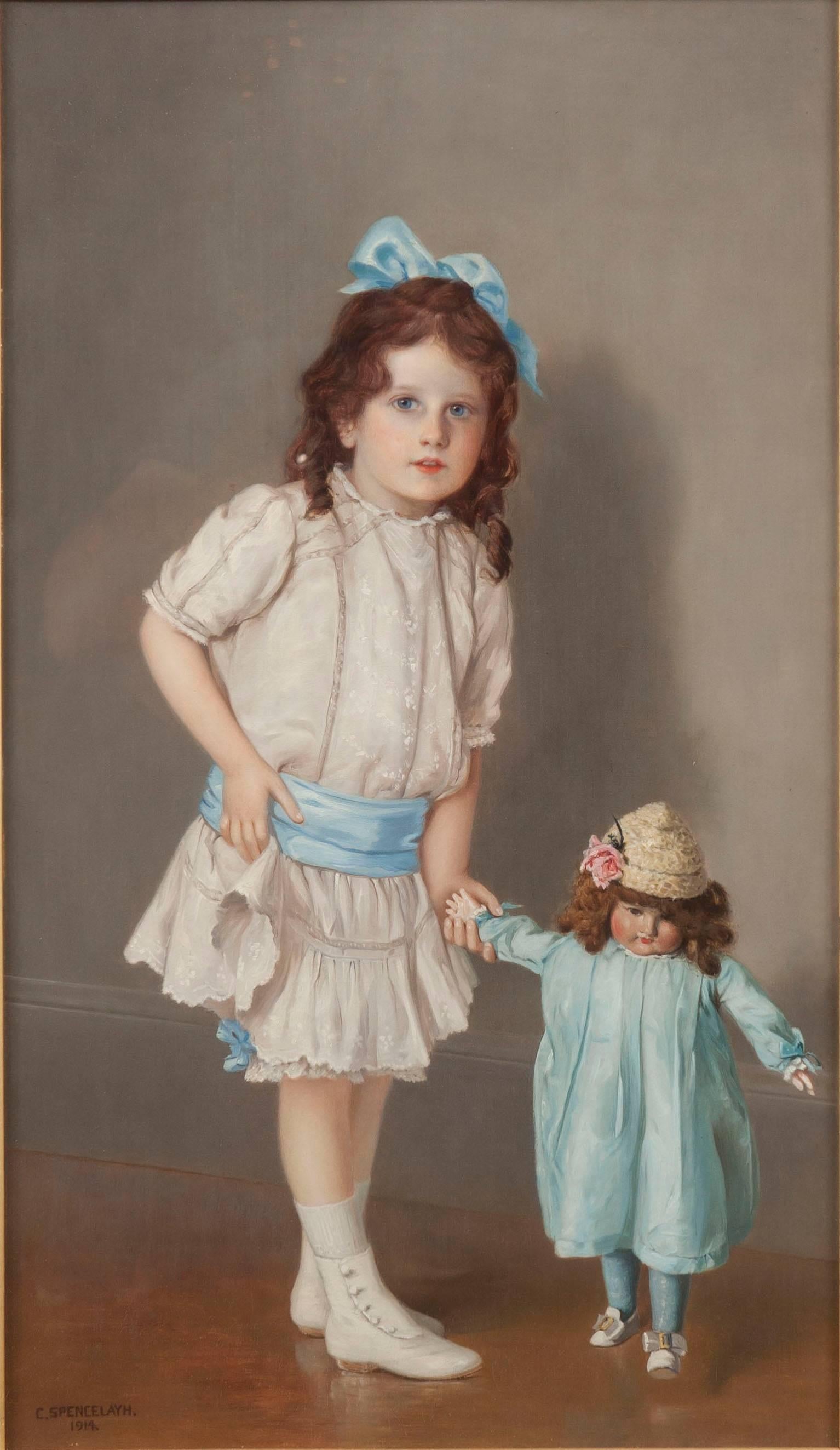 'Her First Steps' By Charles Spencelayh

Oil on canvas, signed by the artist and dated 1914. Depicting a young girl in a pale pink dress with a blue sash and bow in her hair. She walks a young doll in a blue outfit with a straw hat.

Sight size: