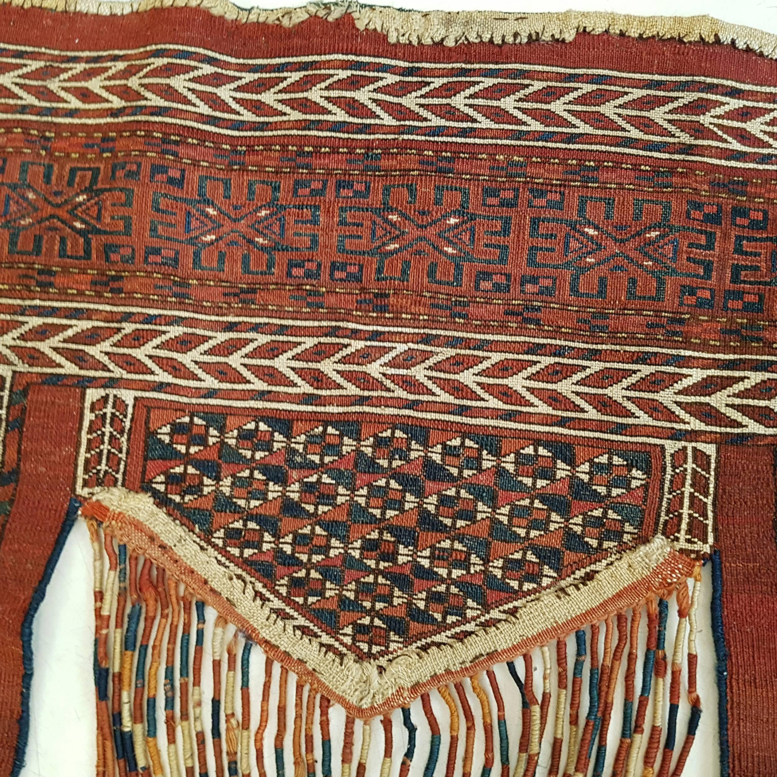 A museum quality Turkmen trapping from the Tekke tribe called khalyk. These were woven by the bride as part of her dowry and were used only once, to cover the wedding litter carrying the bride in order to conceal here from being seen by others.