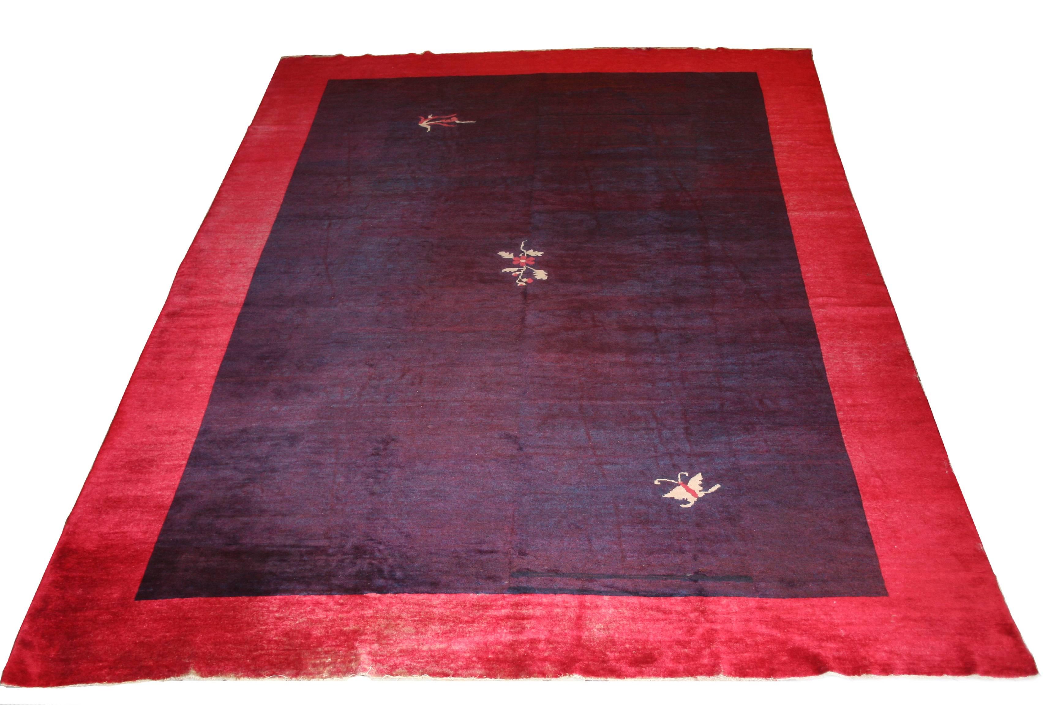 Hand-Knotted Fine Antique Chinese Minimalist Rug with Aubergine Background and Red Border