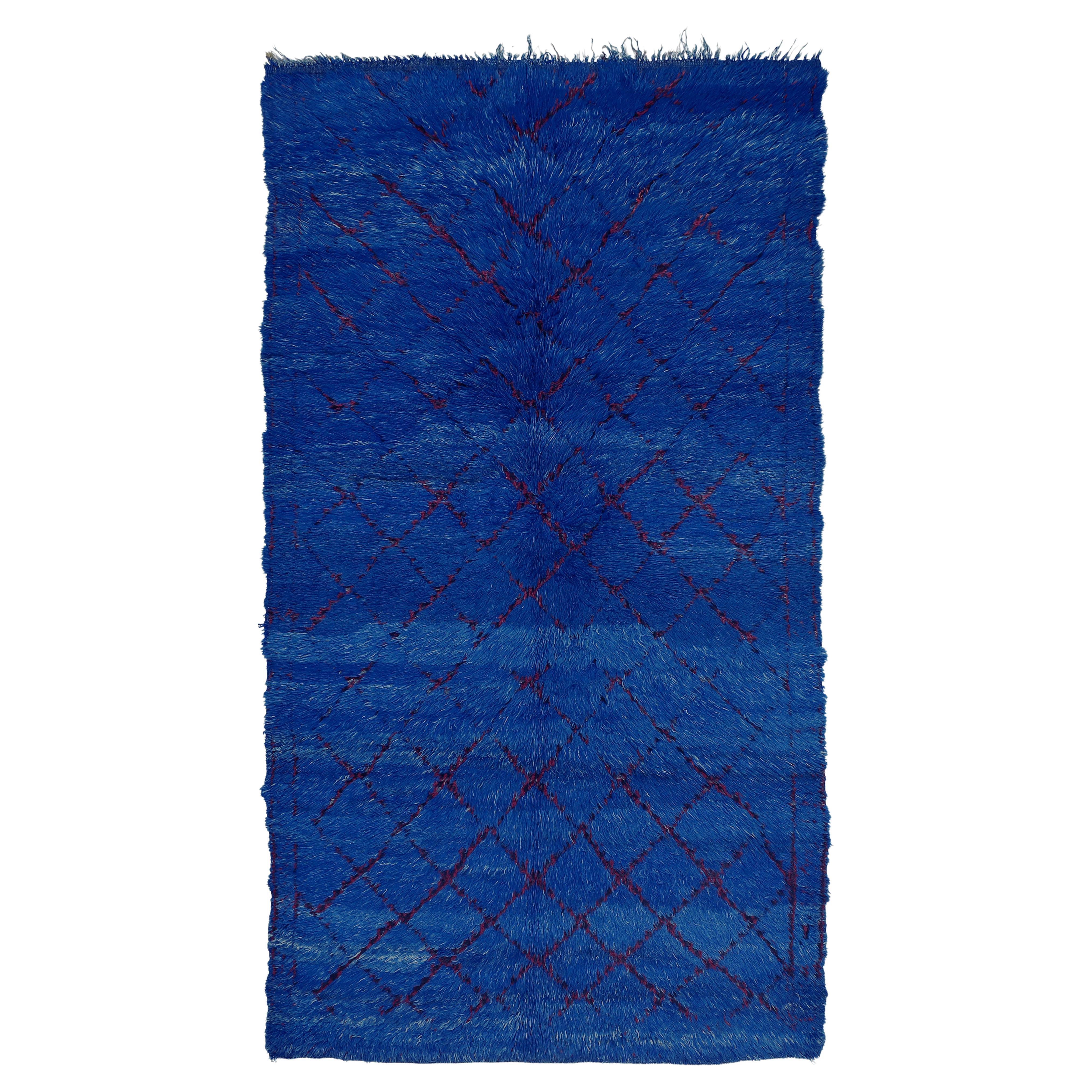 Vintage Indigo Beni Mguild Moroccan Geometric Design Berber Rug