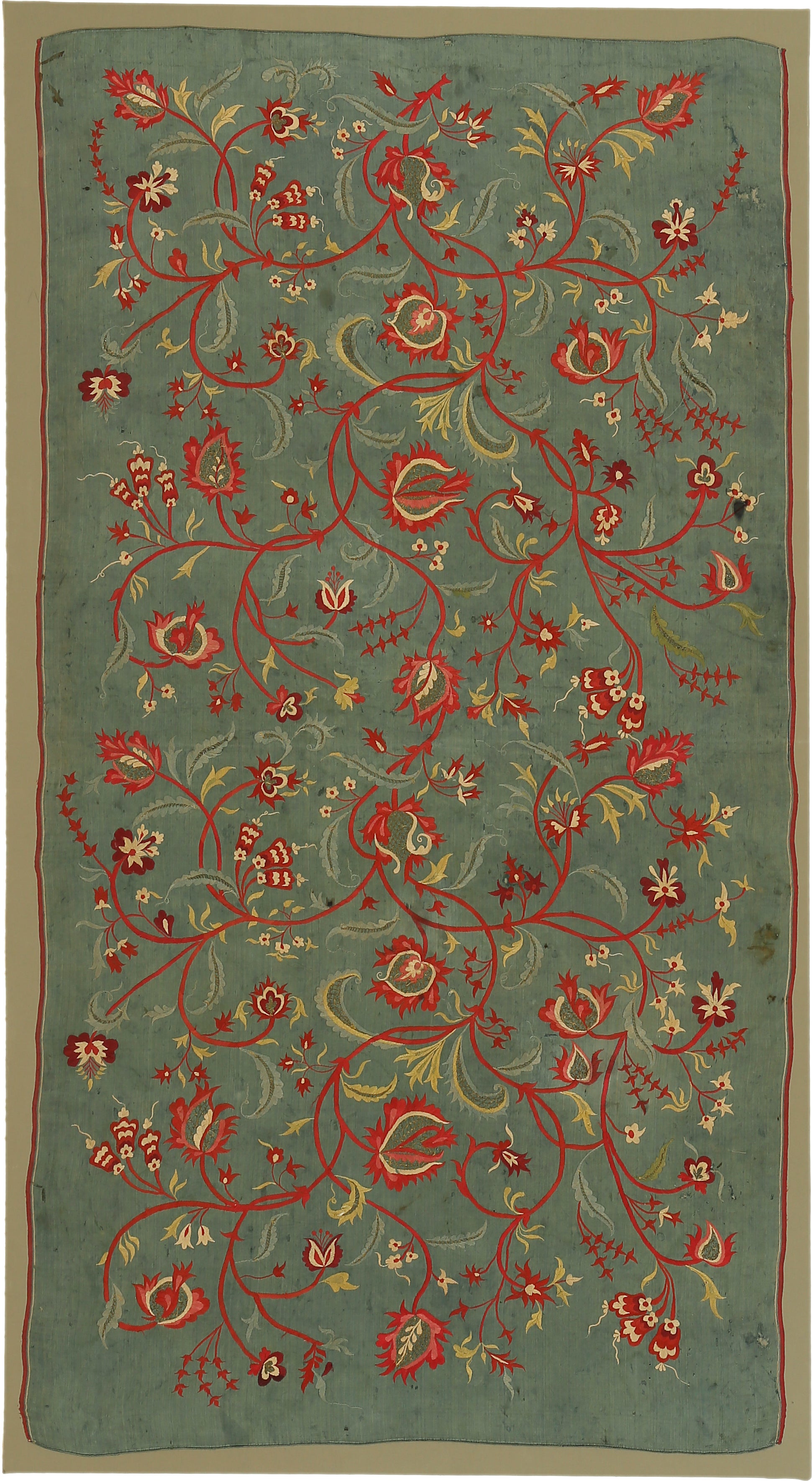 Fine Antique Teal Green Silk Goa Indian Embroidered Textile in vendita