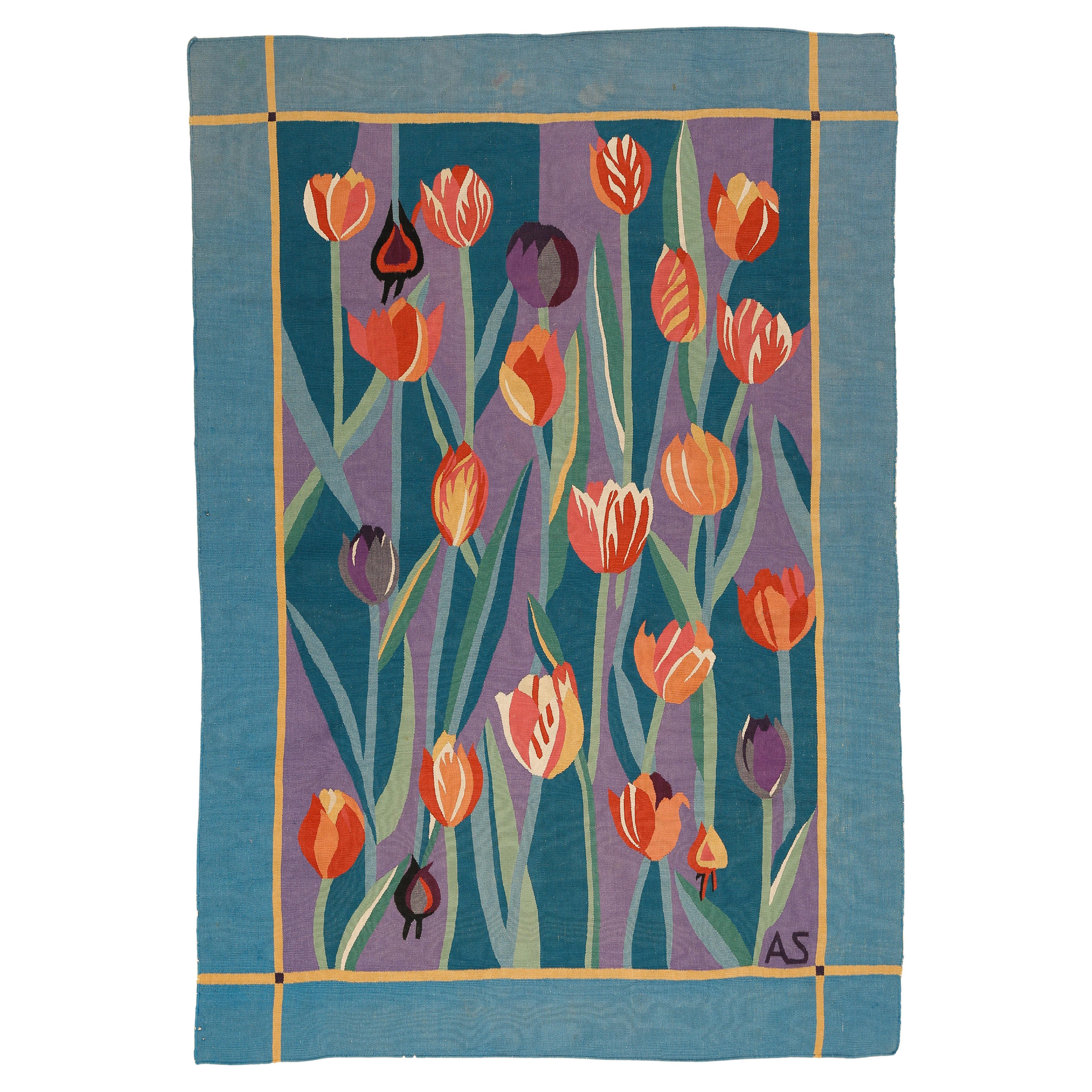 Tappeto ad arazzo Art Deco francese con tulipani firmato AS in vendita
