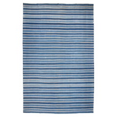 Antique Indian Striped Cotton Dhurrie in Two Shades of Indigo Blue