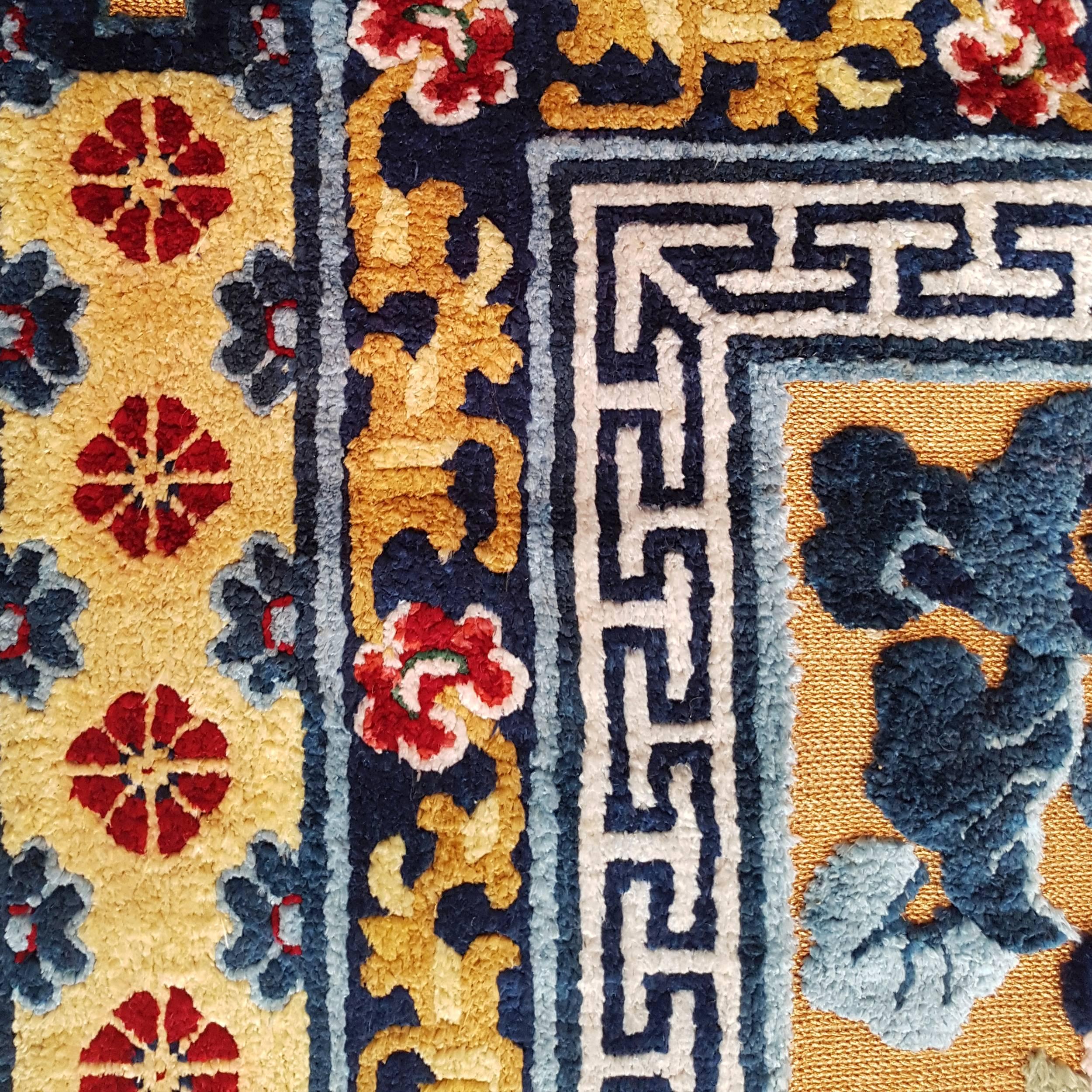 Woven Silk and Metallic Thread Chinese Rug with Lotus Flowers