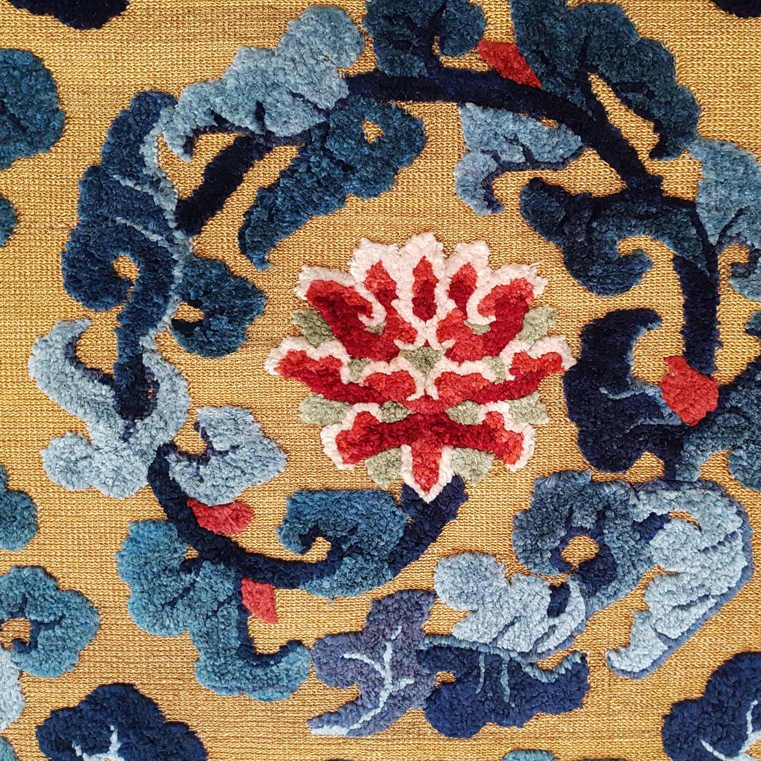 Ming Silk and Metallic Thread Chinese Rug with Lotus Flowers