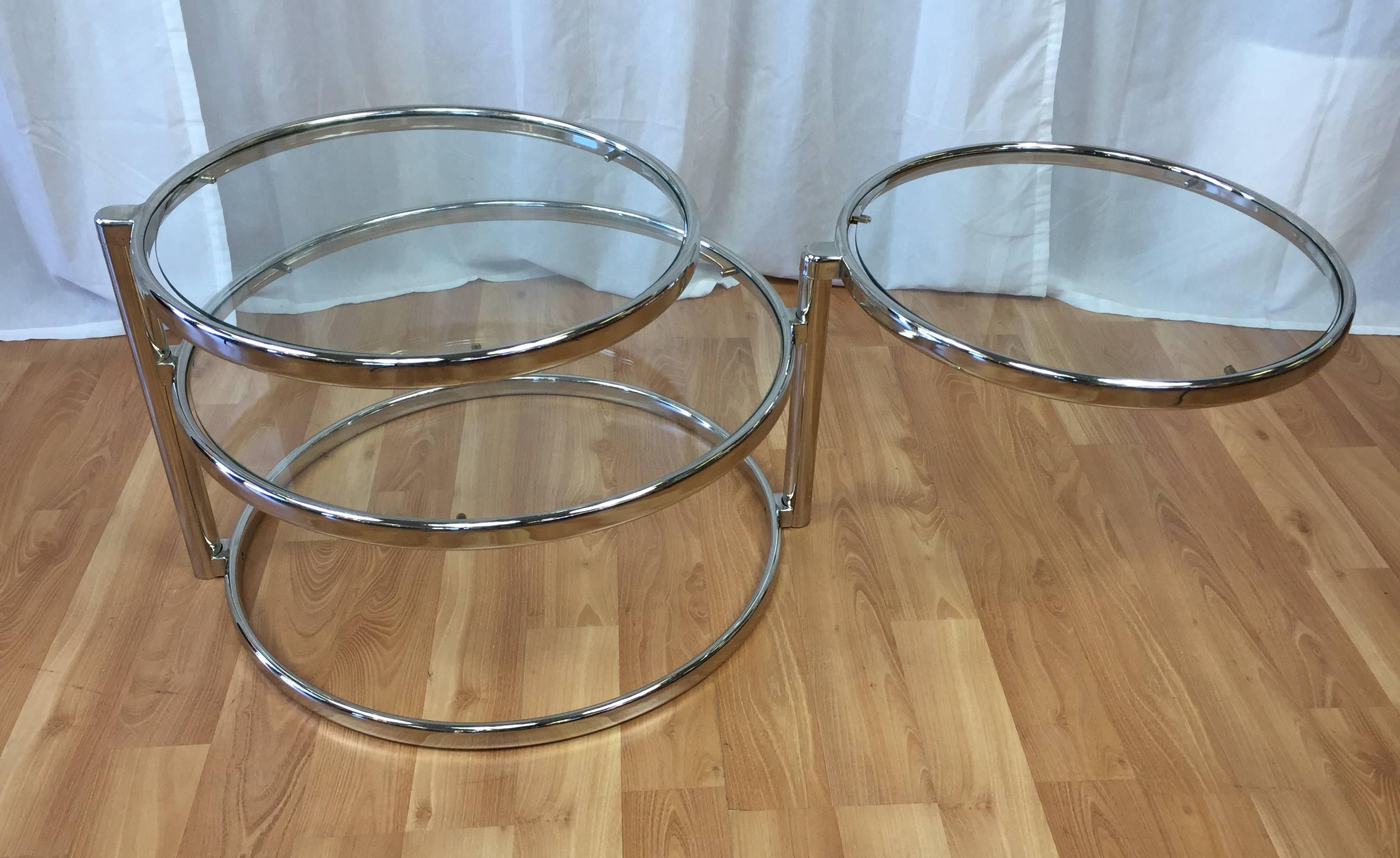 Mid-Century Modern Milo Baughman Style Swiveling Nickel and Glass Coffee Table