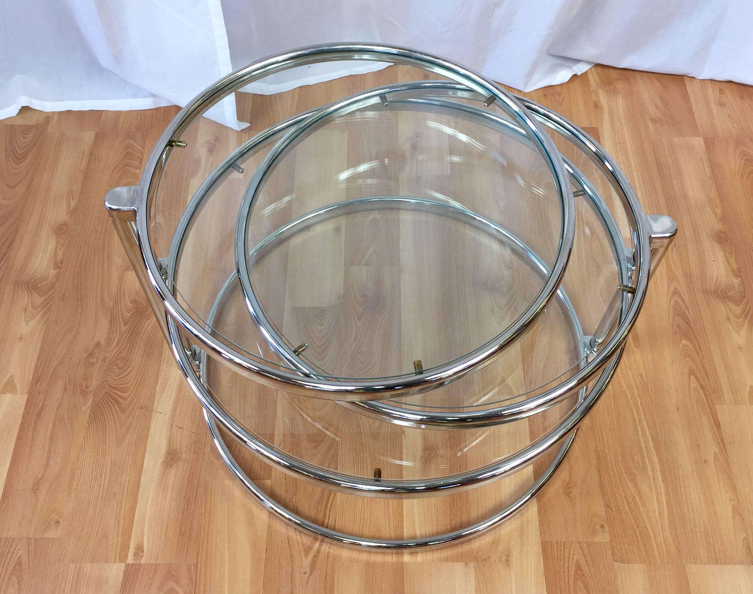 Milo Baughman Style Swiveling Nickel and Glass Coffee Table In Good Condition In San Francisco, CA