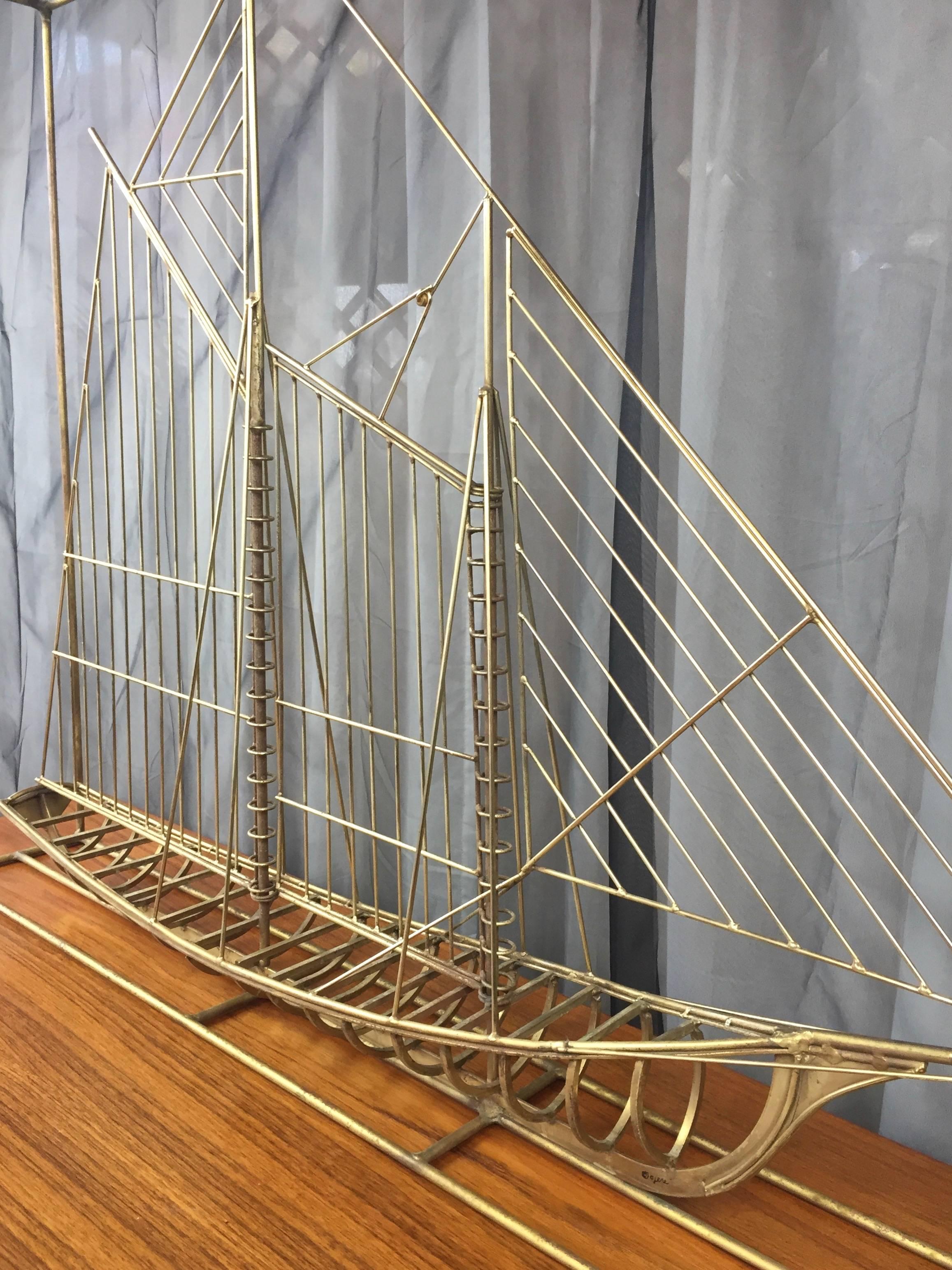 Late 20th Century Curtis Jeré Brass-Colored Metal Clipper Ship Sculpture, Signed For Sale