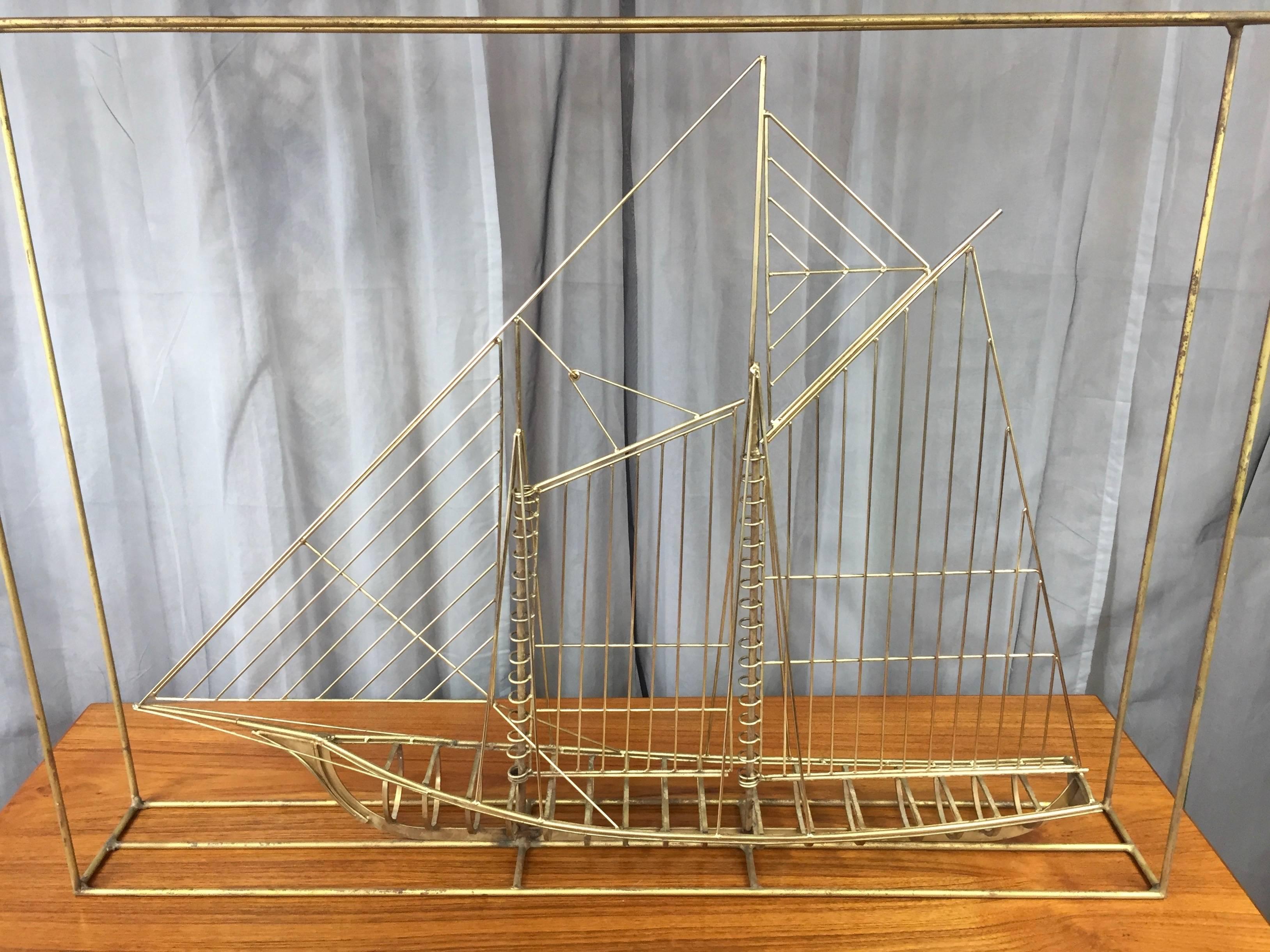 Mid-Century Modern Curtis Jeré Brass-Colored Metal Clipper Ship Sculpture, Signed For Sale