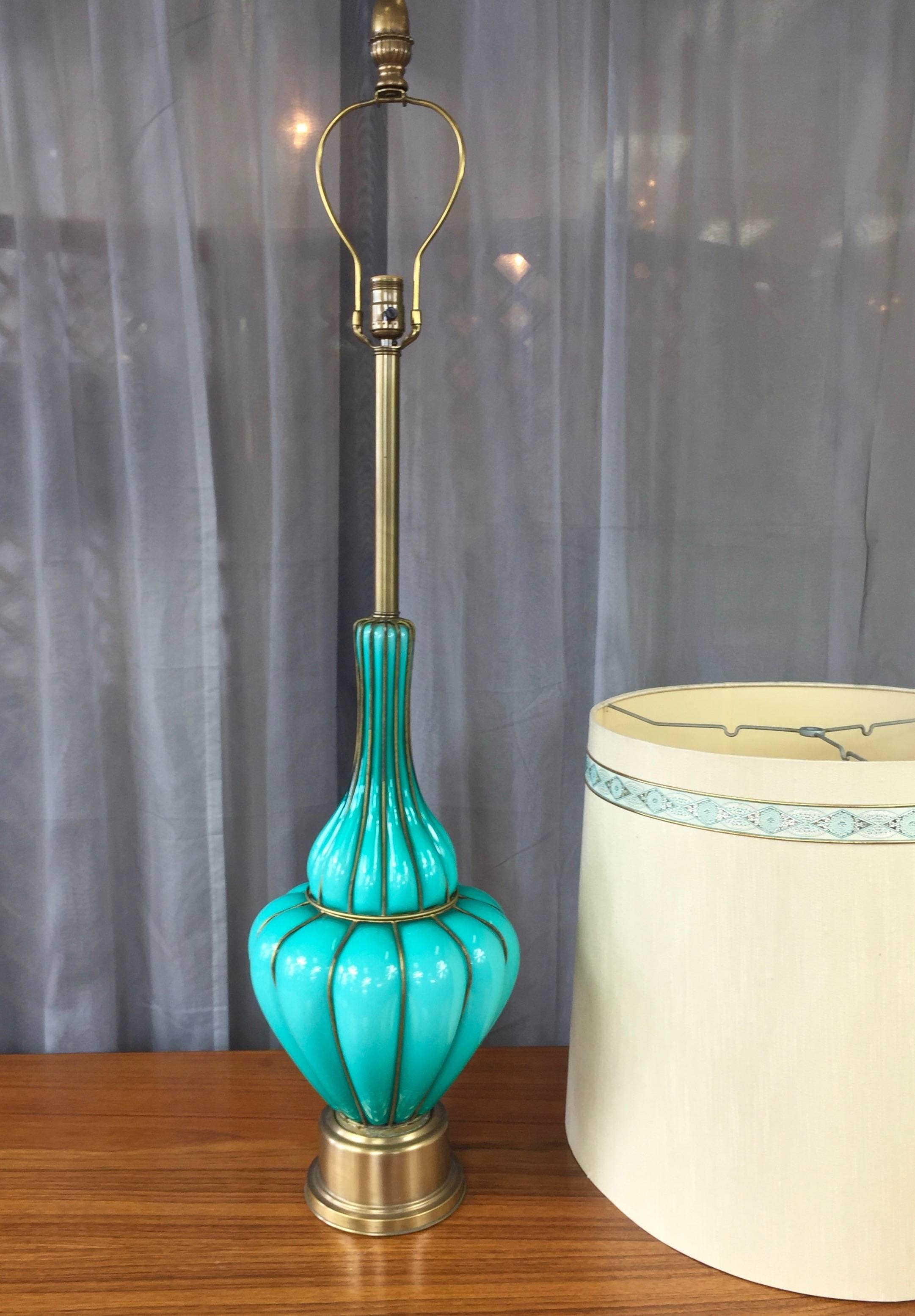 Monumental Turquoise-Colored Murano Glass and Brass Table Lamp by Marbro 2