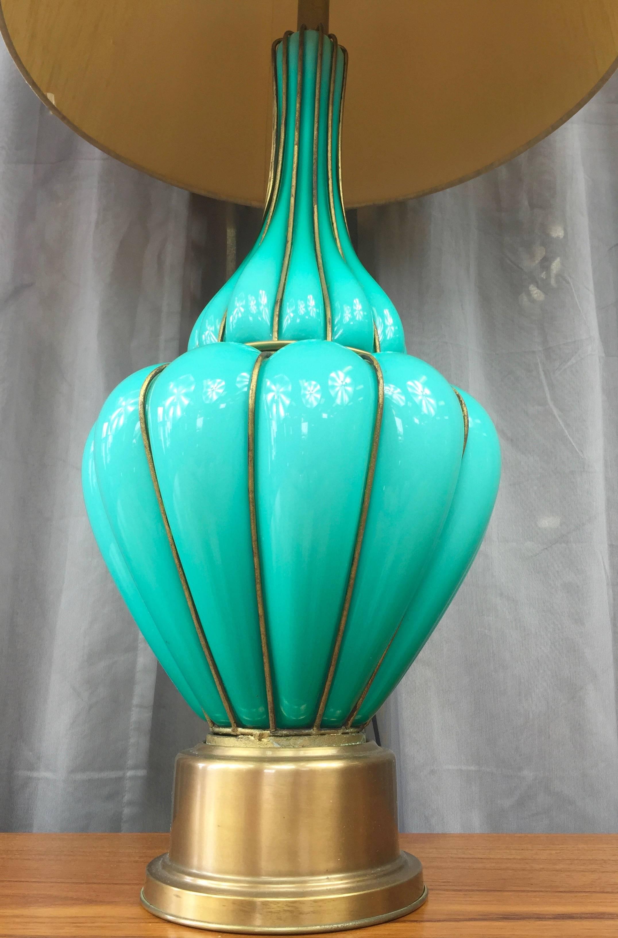 Mid-Century Modern Monumental Turquoise-Colored Murano Glass and Brass Table Lamp by Marbro