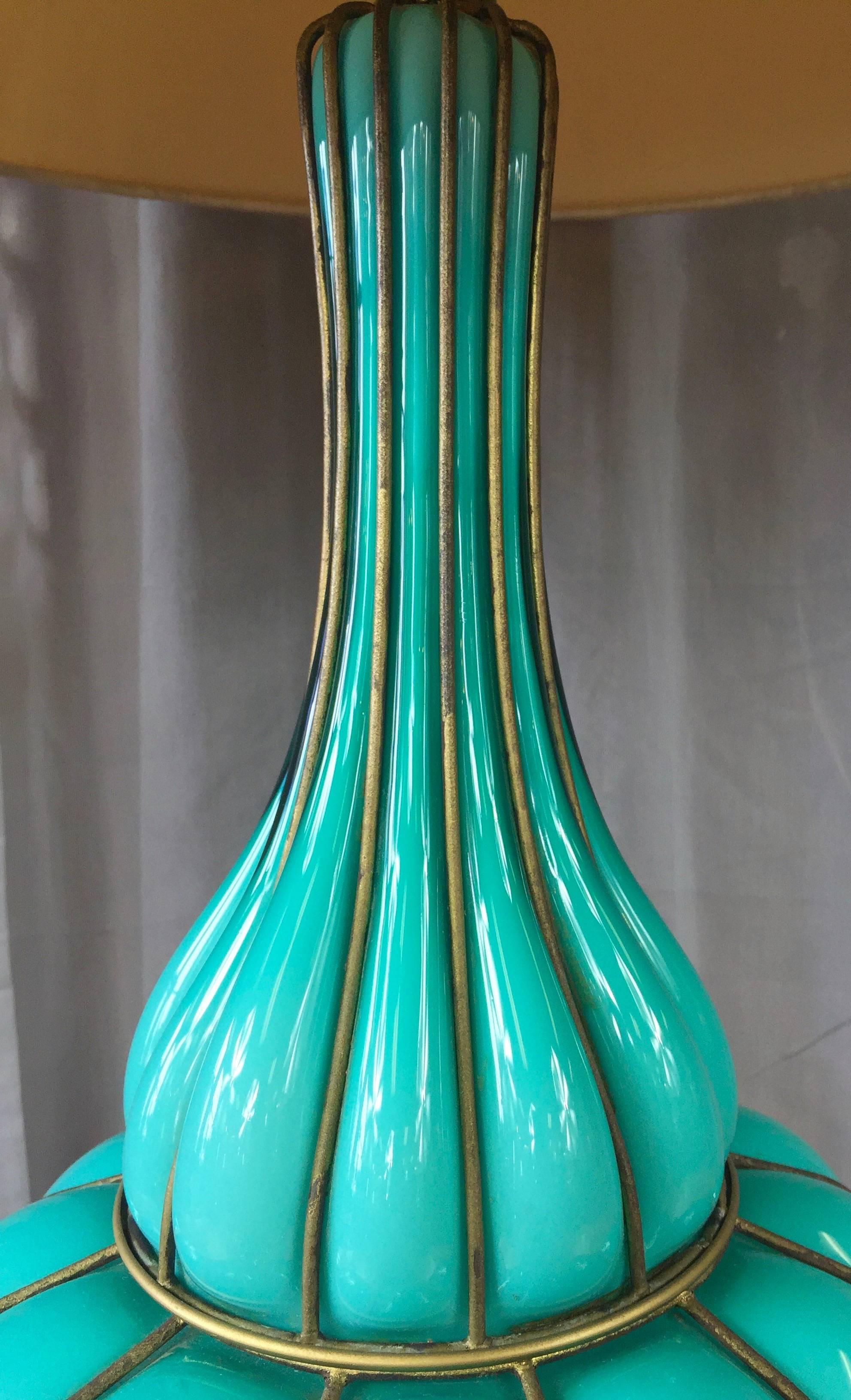 American Monumental Turquoise-Colored Murano Glass and Brass Table Lamp by Marbro