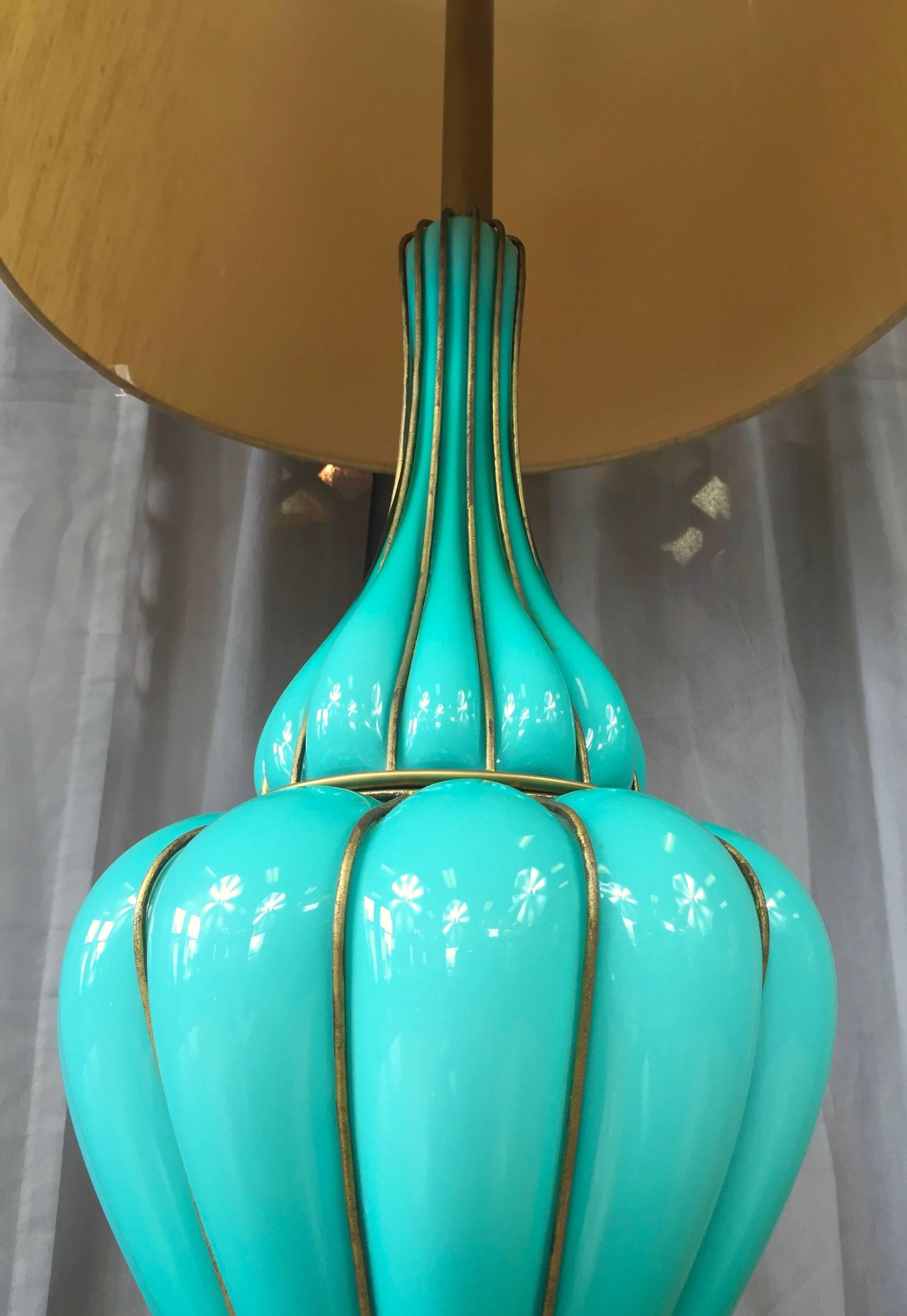 Monumental Turquoise-Colored Murano Glass and Brass Table Lamp by Marbro In Good Condition In San Francisco, CA