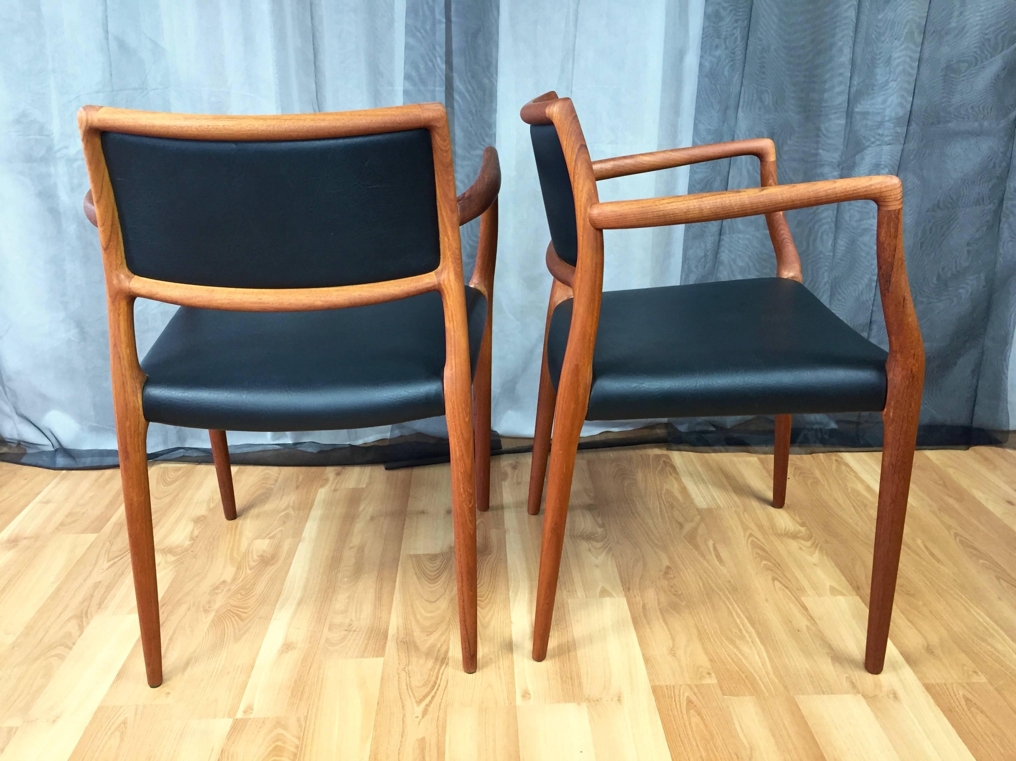 Danish Pair of Teak and Leather Model 65 Dining Chairs by Niels Møller