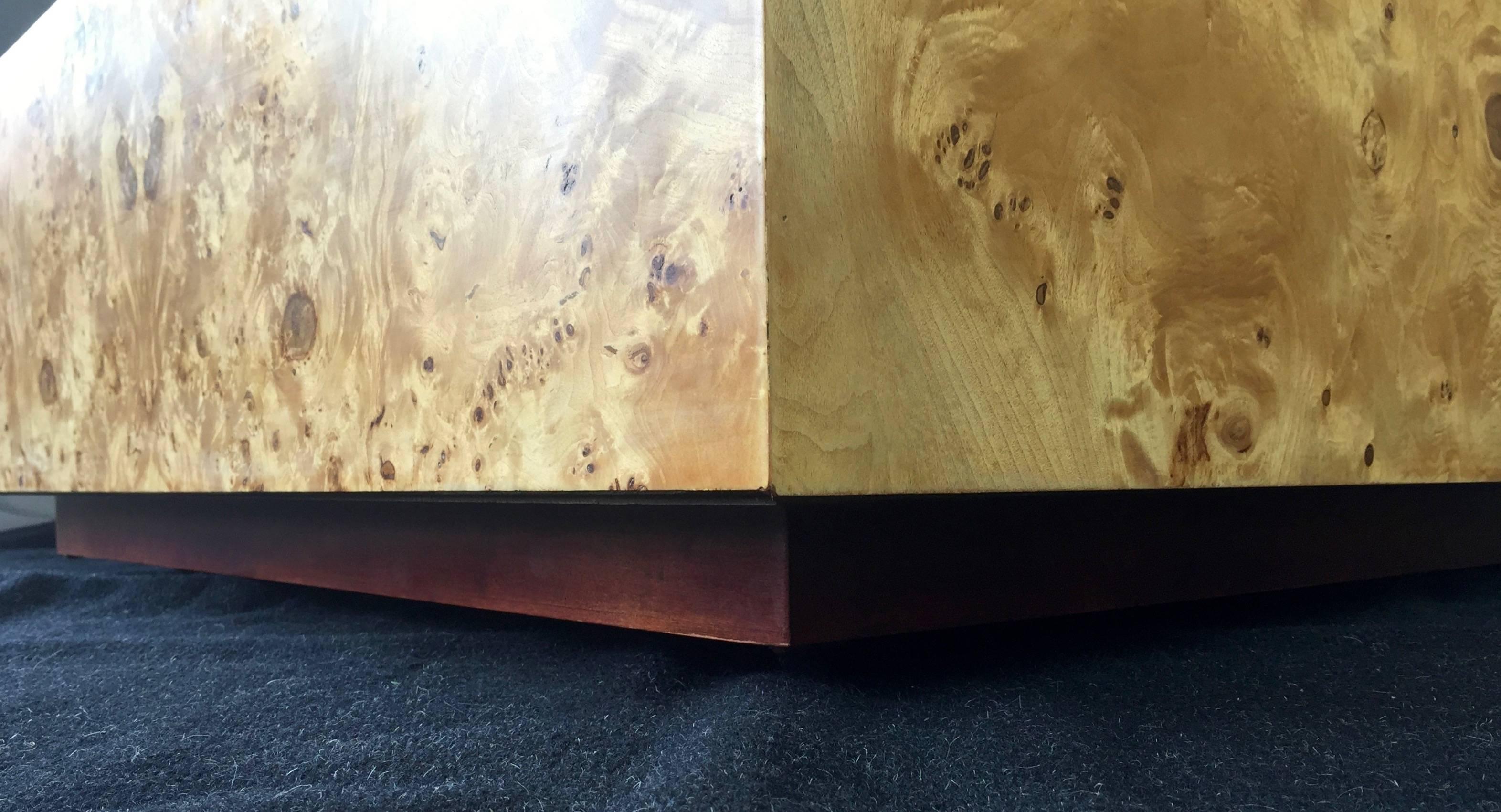Expansive Burl Wood Floating Coffee Table Attributed to Milo Baughman 1
