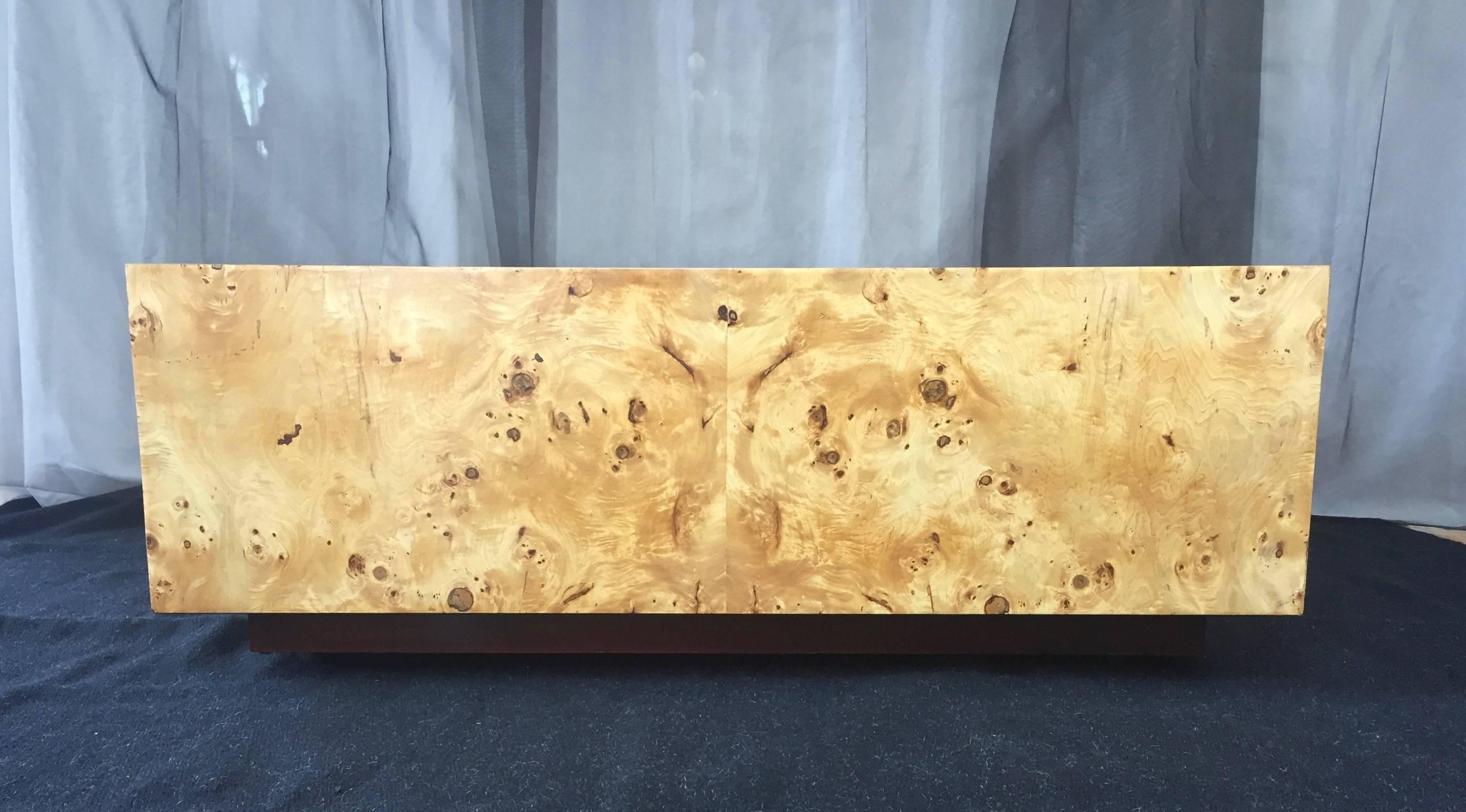 Modern Expansive Burl Wood Floating Coffee Table Attributed to Milo Baughman