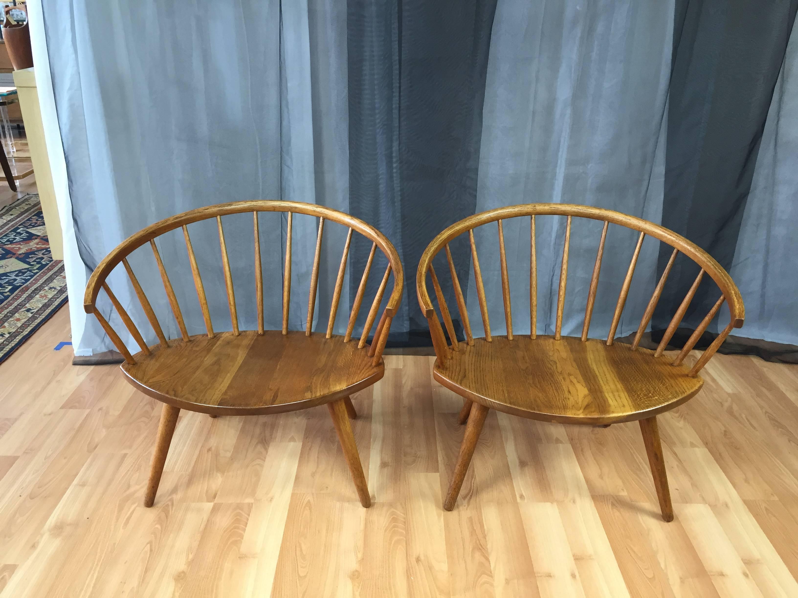 A pair of oak “Arka” low captain’s chairs designed by Yngve Ekström and produced by Stolab.

A sought-after Scandinavian design Classic that skillfully plays with the proportions of a traditional captain’s chair. Very well crafted of solid oak