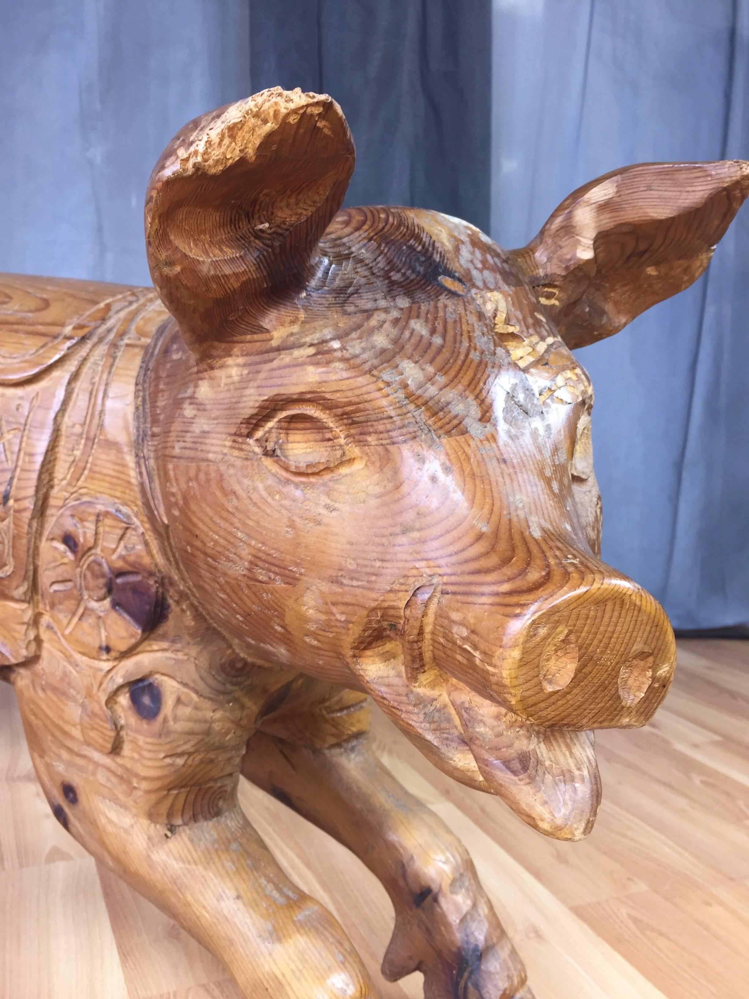 Modern Lifesize Carved Wood Carousel Pig Sculpture