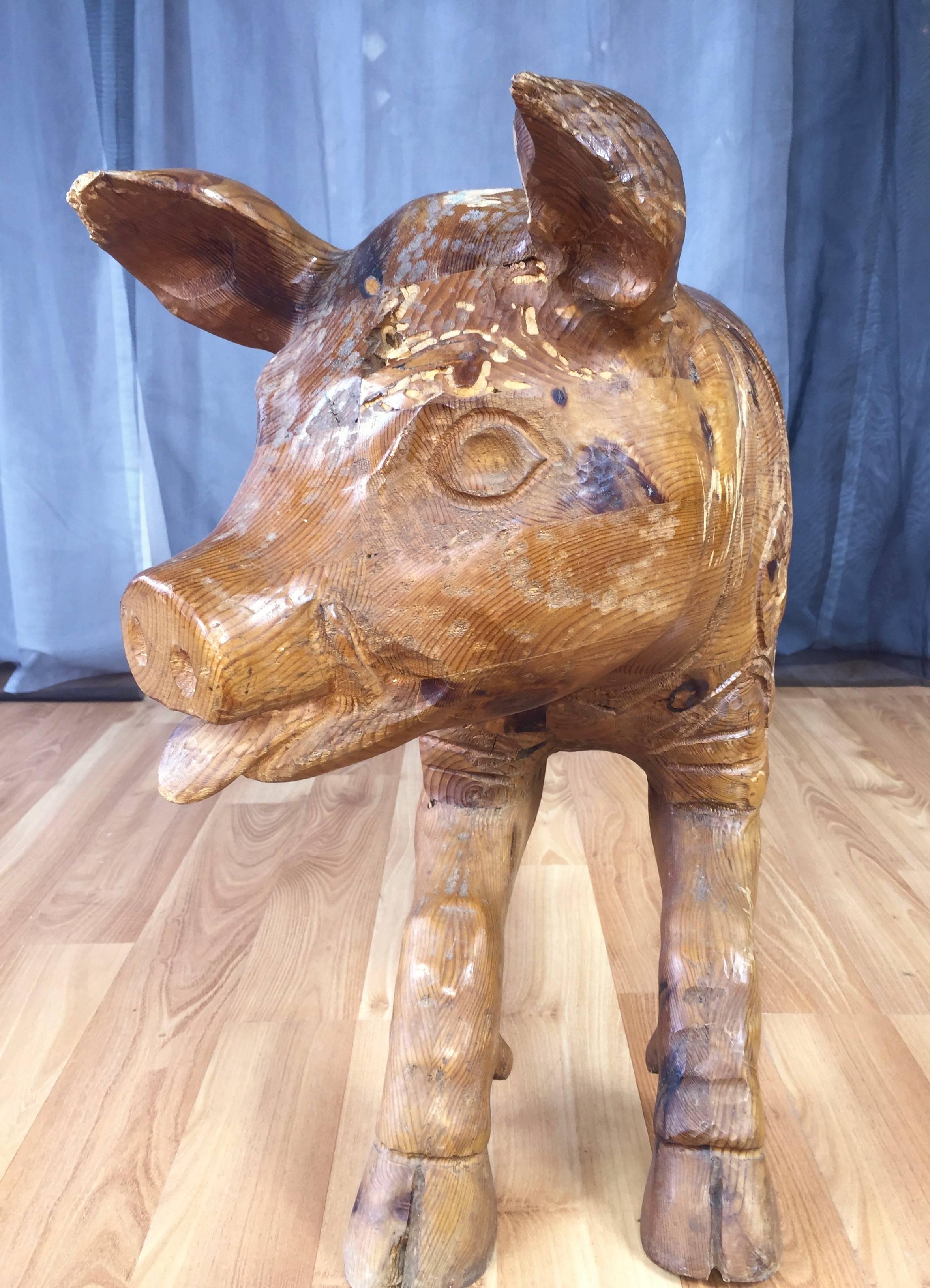 American Lifesize Carved Wood Carousel Pig Sculpture