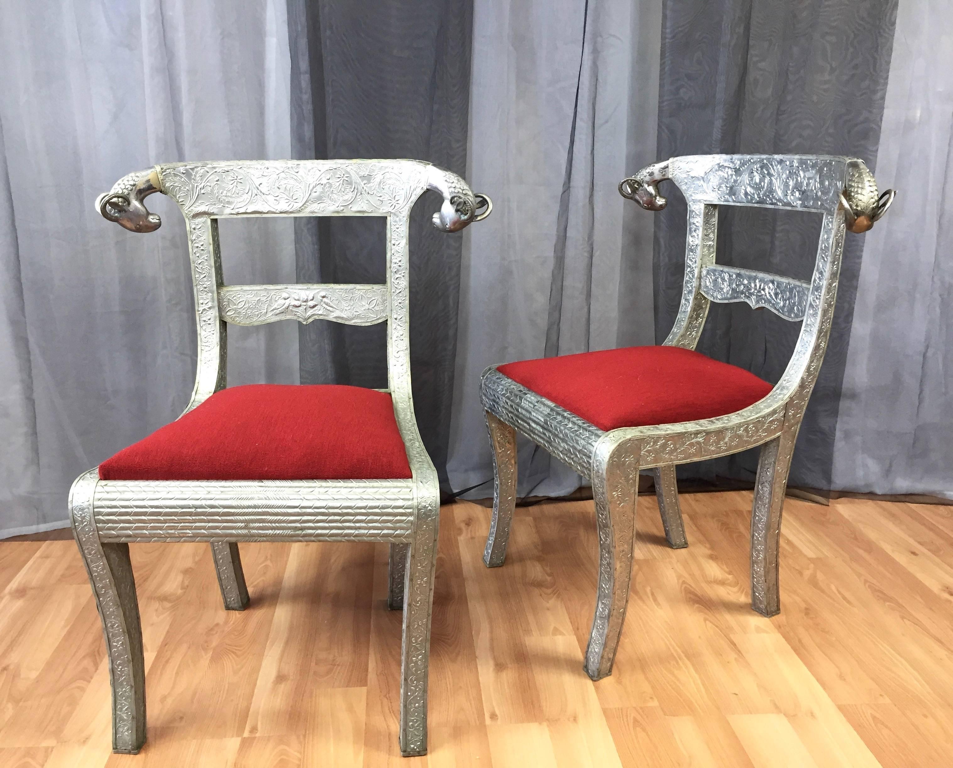 Pair of Anglo-Indian Repoussé Ram’s Head Dowry Chairs In Good Condition In San Francisco, CA
