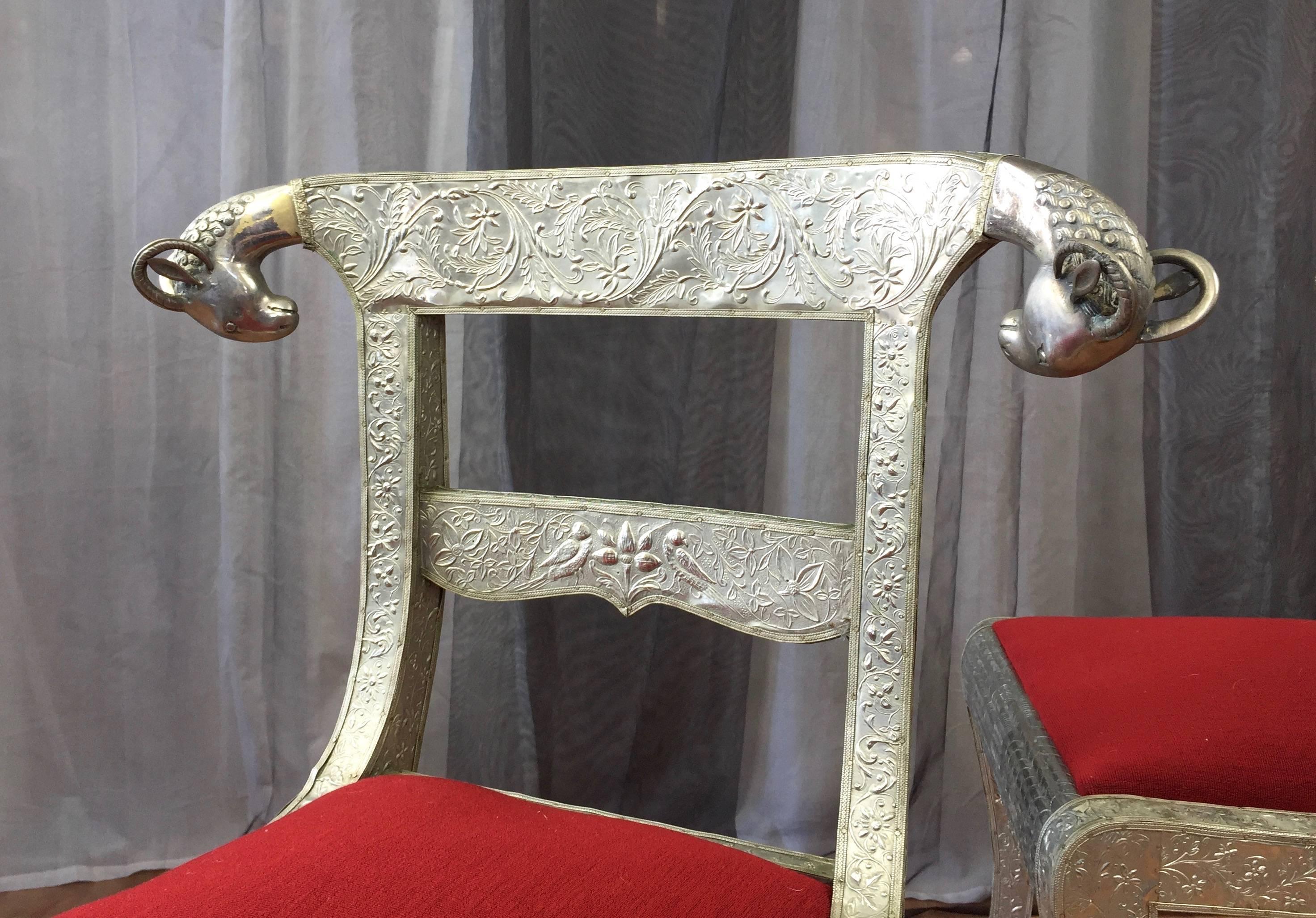 Early 20th Century Pair of Anglo-Indian Repoussé Ram’s Head Dowry Chairs