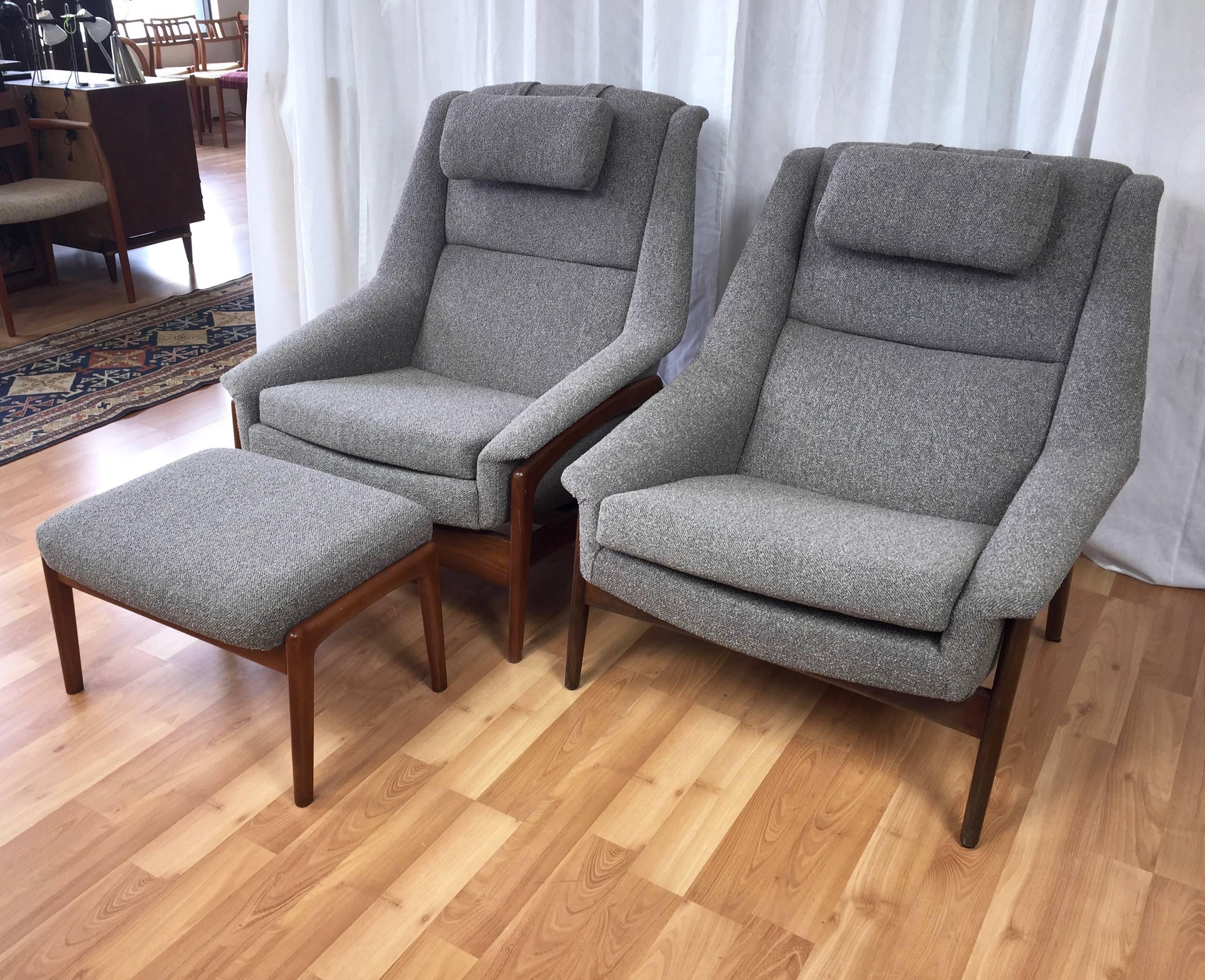 An exceptional set of complementary upholstered Folke Ohlsson pieces for DUX, comprised of one lounge chair and one rocker with matching ottoman.

All three pieces exhibit sculptural Mid-Century Modern Swedish design, and are notable for their