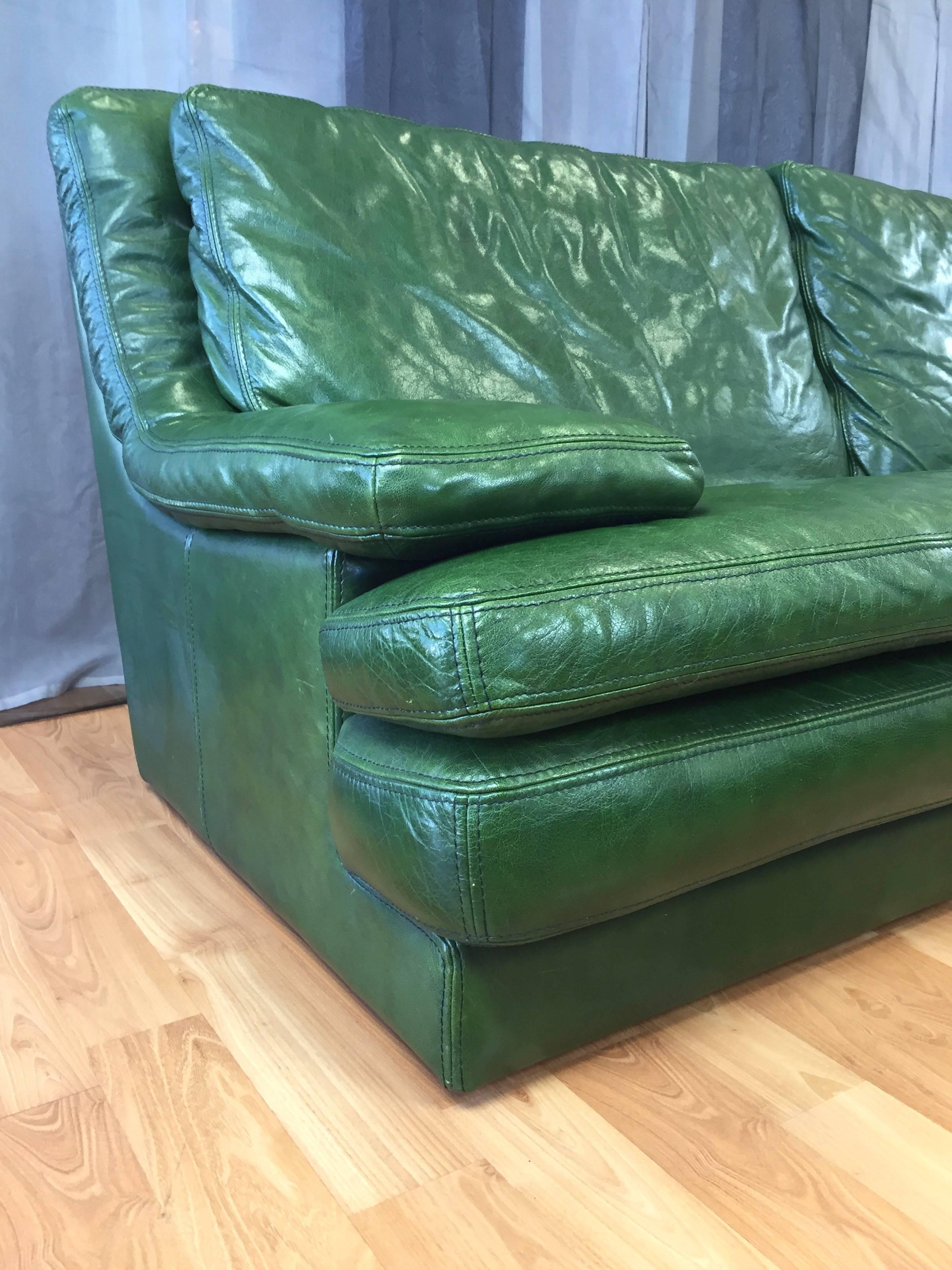 Modern Vintage Roche Bobois Green Leather Sofa & Lounger