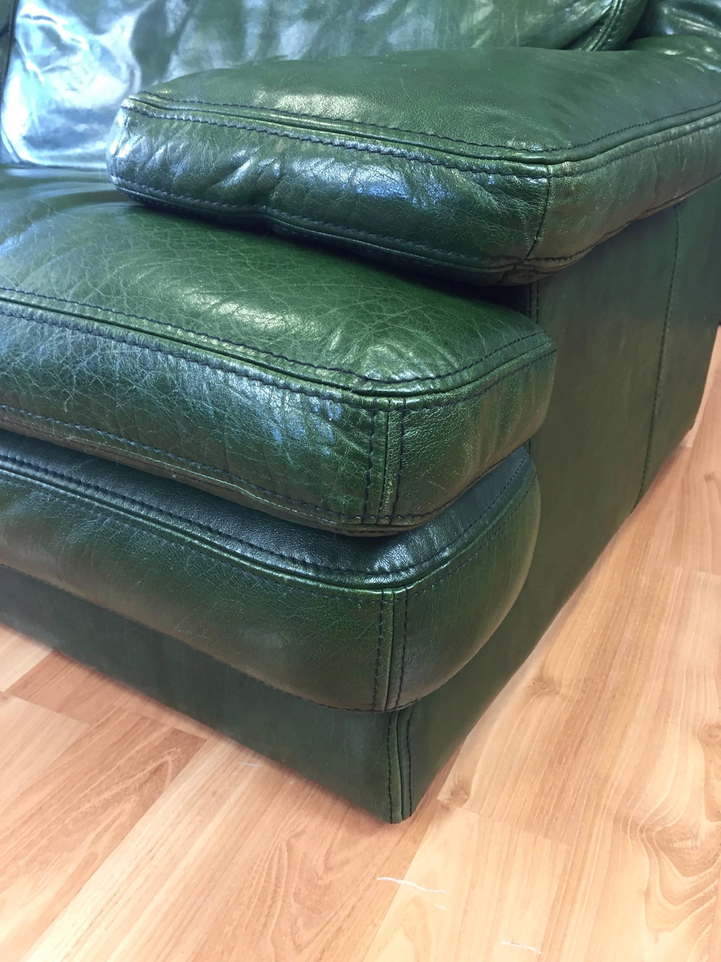 French Vintage Roche Bobois Green Leather Sofa & Lounger