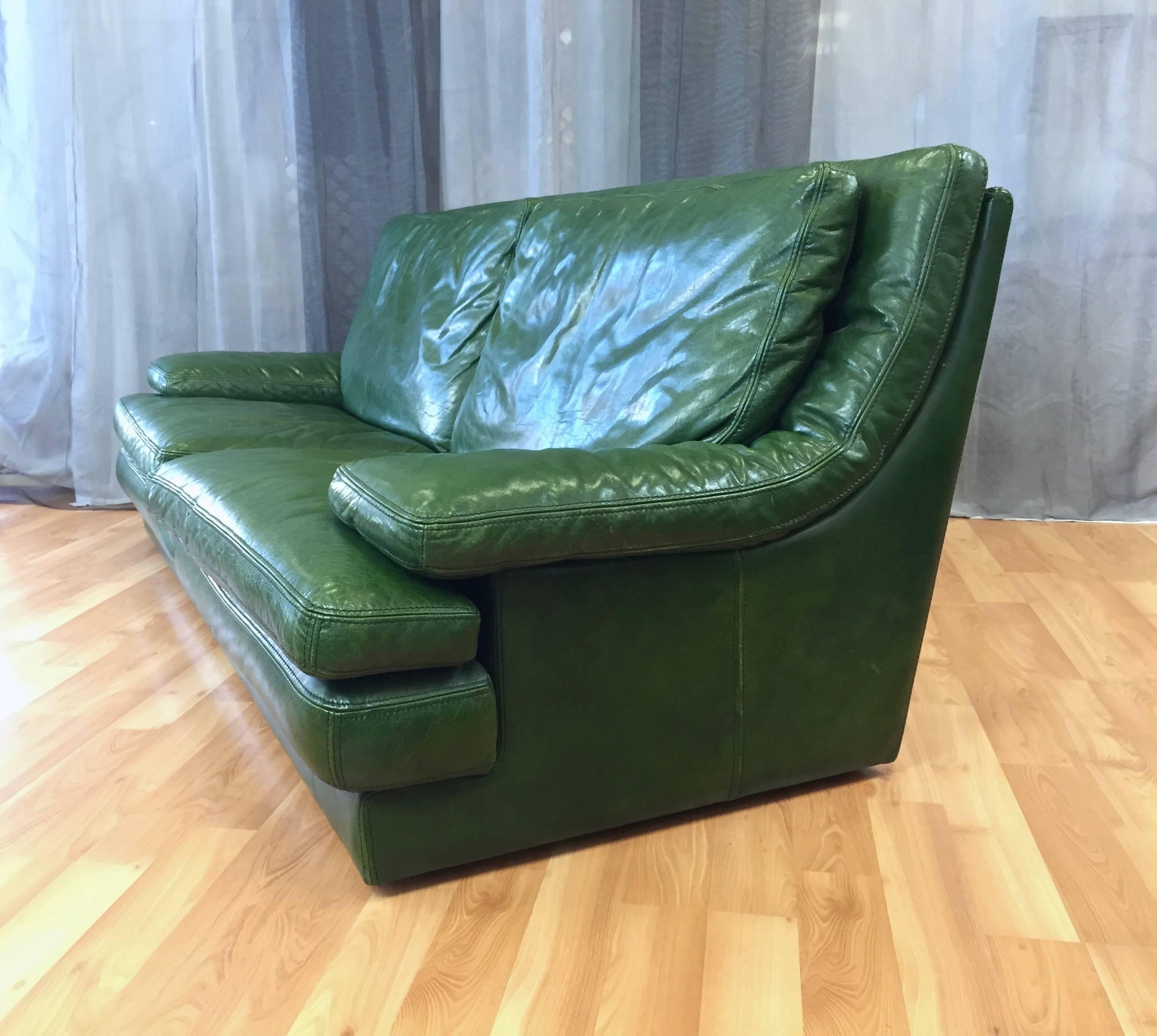 Vintage Roche Bobois Green Leather Sofa & Lounger In Good Condition In San Francisco, CA