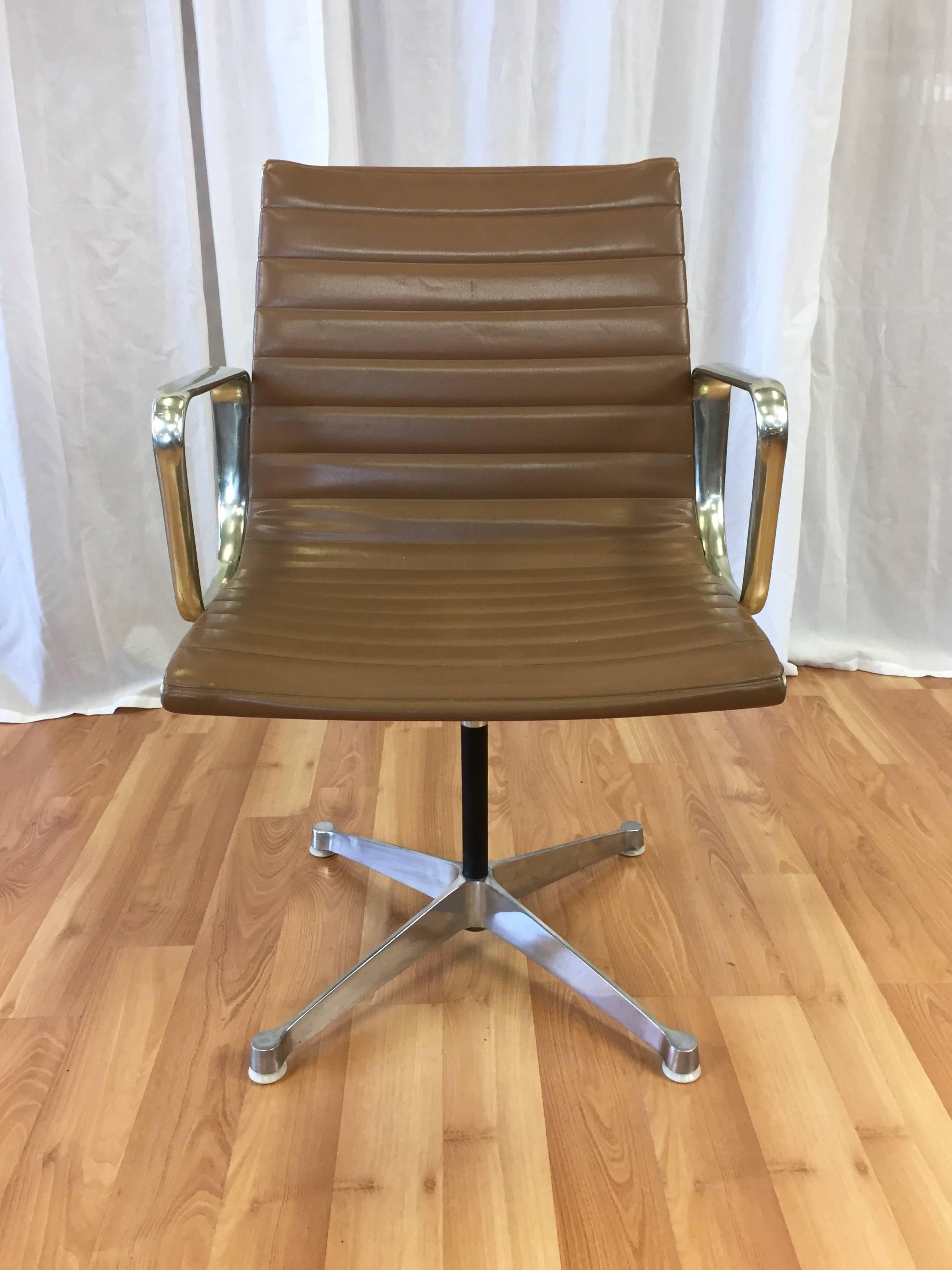 A very early production aluminium group management chair with arms by Charles Eames for Herman Miller.

This example features “Patent Pending” stamped into the frame, which allows us to date it as being from 1958-1959, the first year and a half of