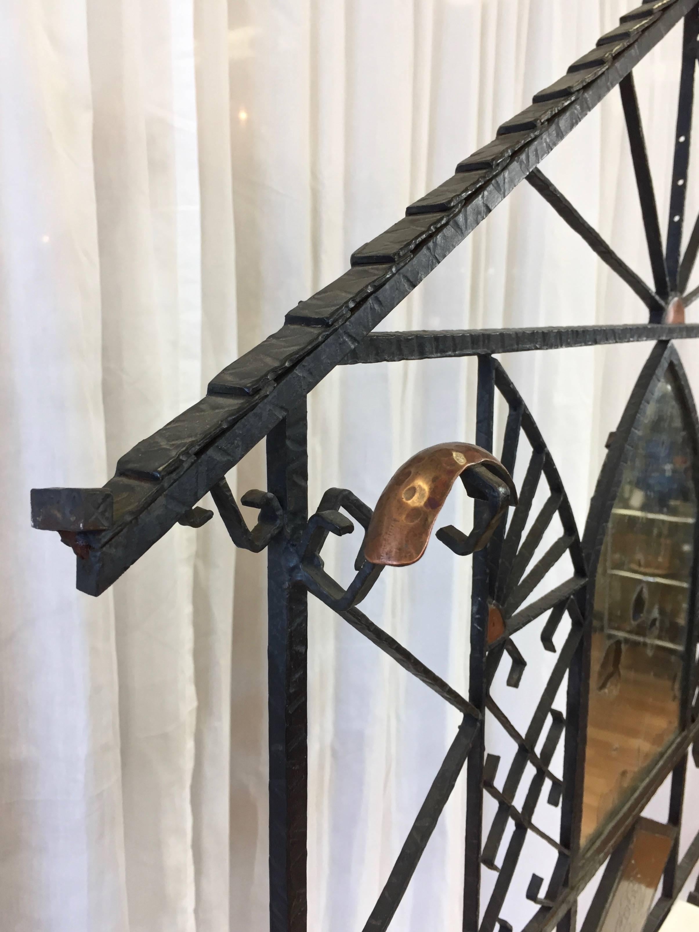 French Wrought Iron Art Deco Hall Tree with Copper and Marble Accents In Good Condition In San Francisco, CA