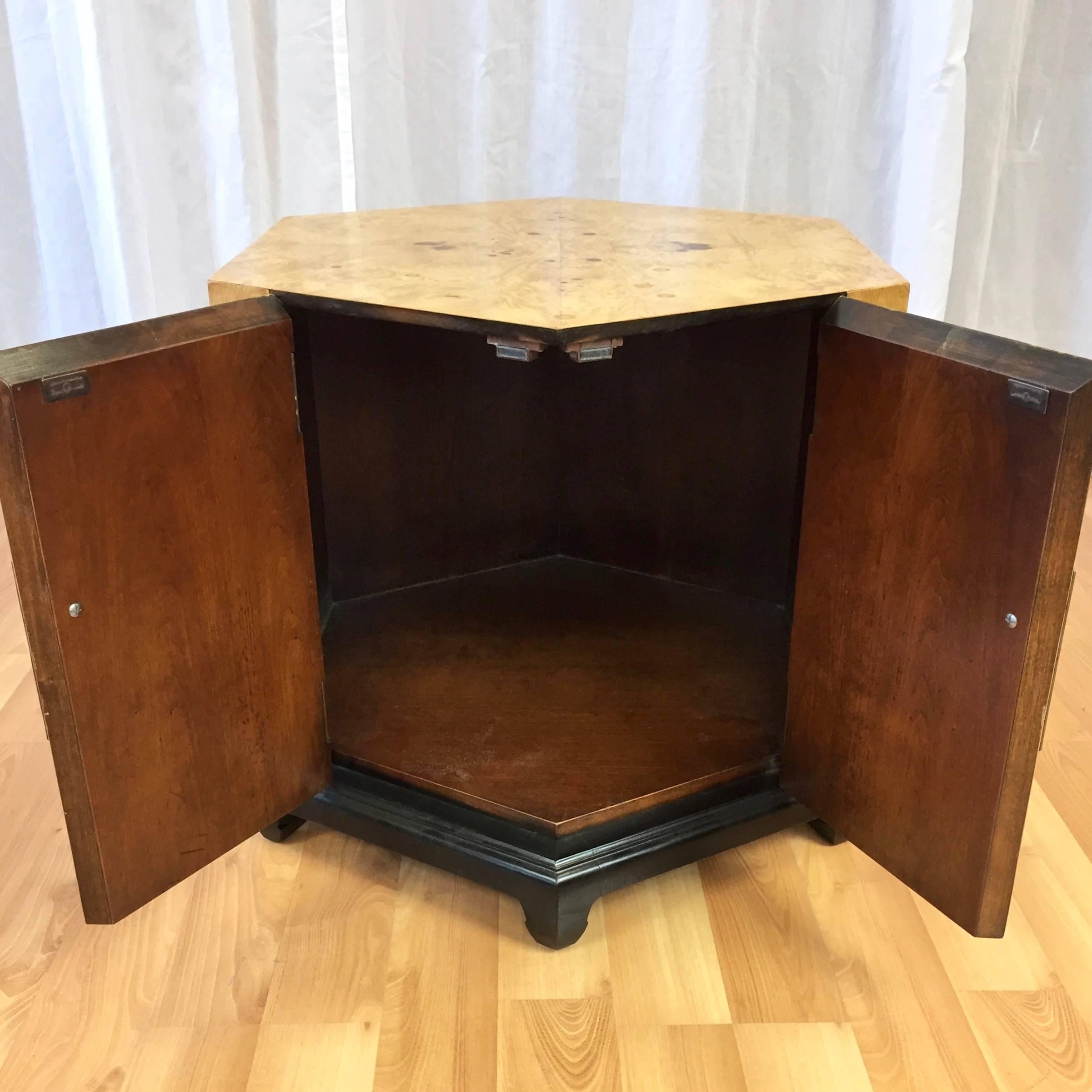 Hexagonal Burl Wood and Brass Cabinet Attributed to Henredon 1