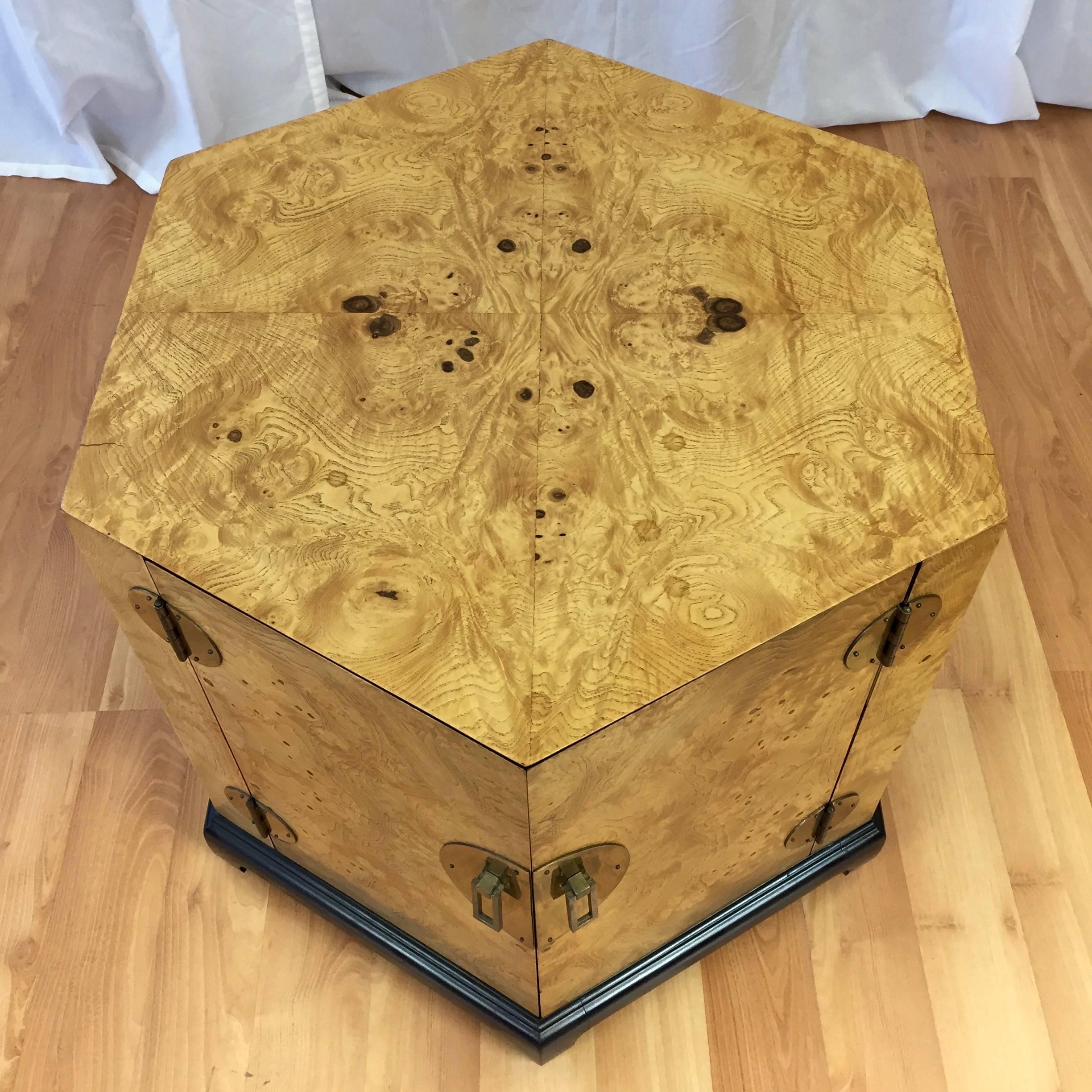 Hexagonal Burl Wood and Brass Cabinet Attributed to Henredon In Good Condition In San Francisco, CA