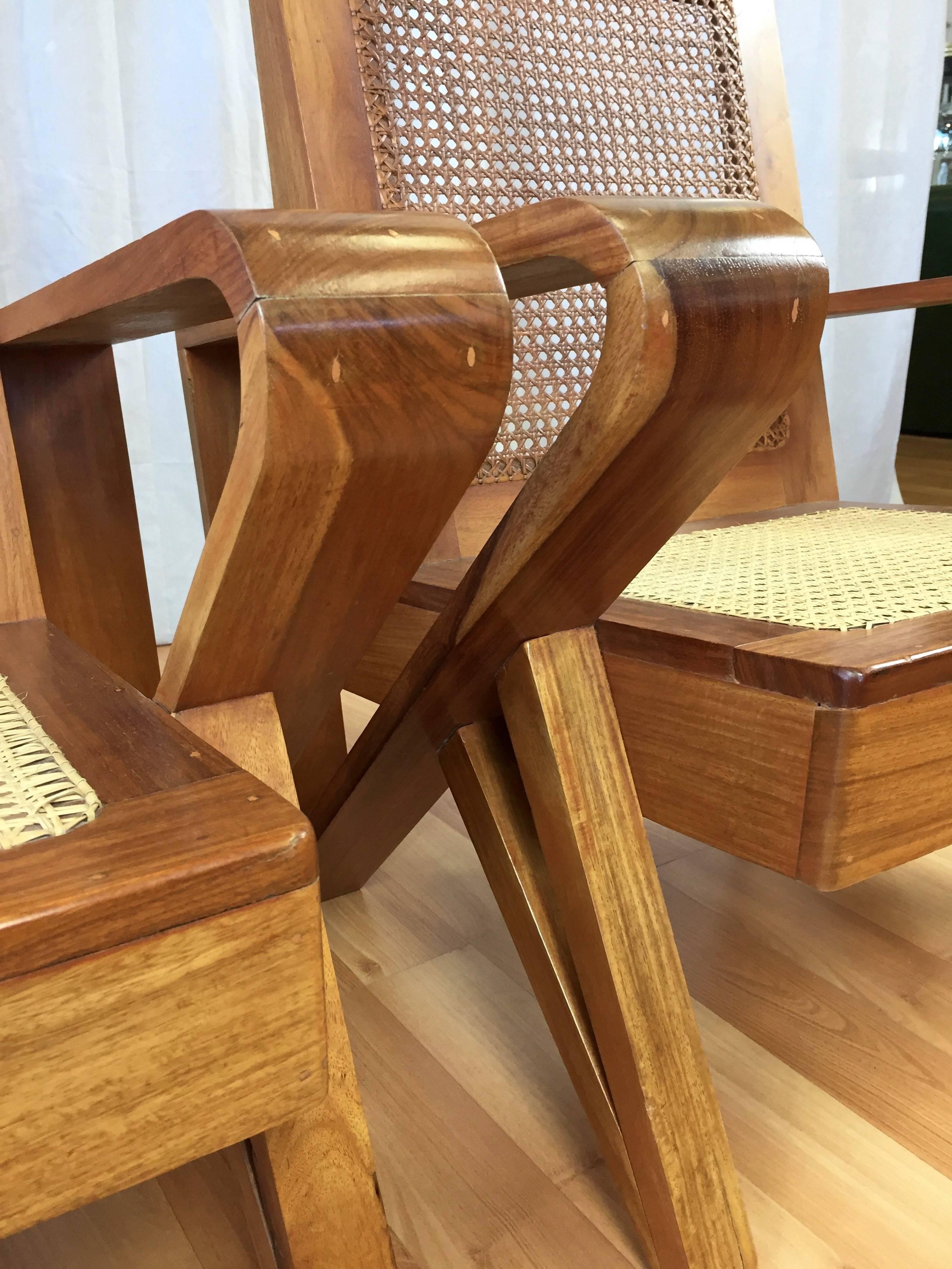 Mid-20th Century Uncommon Pair of Hawaiian Koa Wood and Woven Cane Lounge Chairs