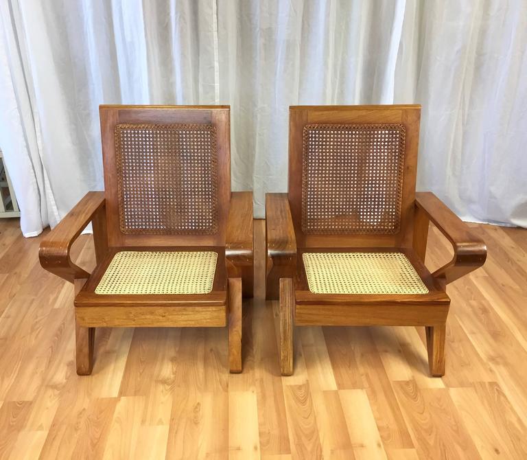 Pair of Hawaiian Koa Wood and Woven Cane Lounge Chairs at 1stDibs