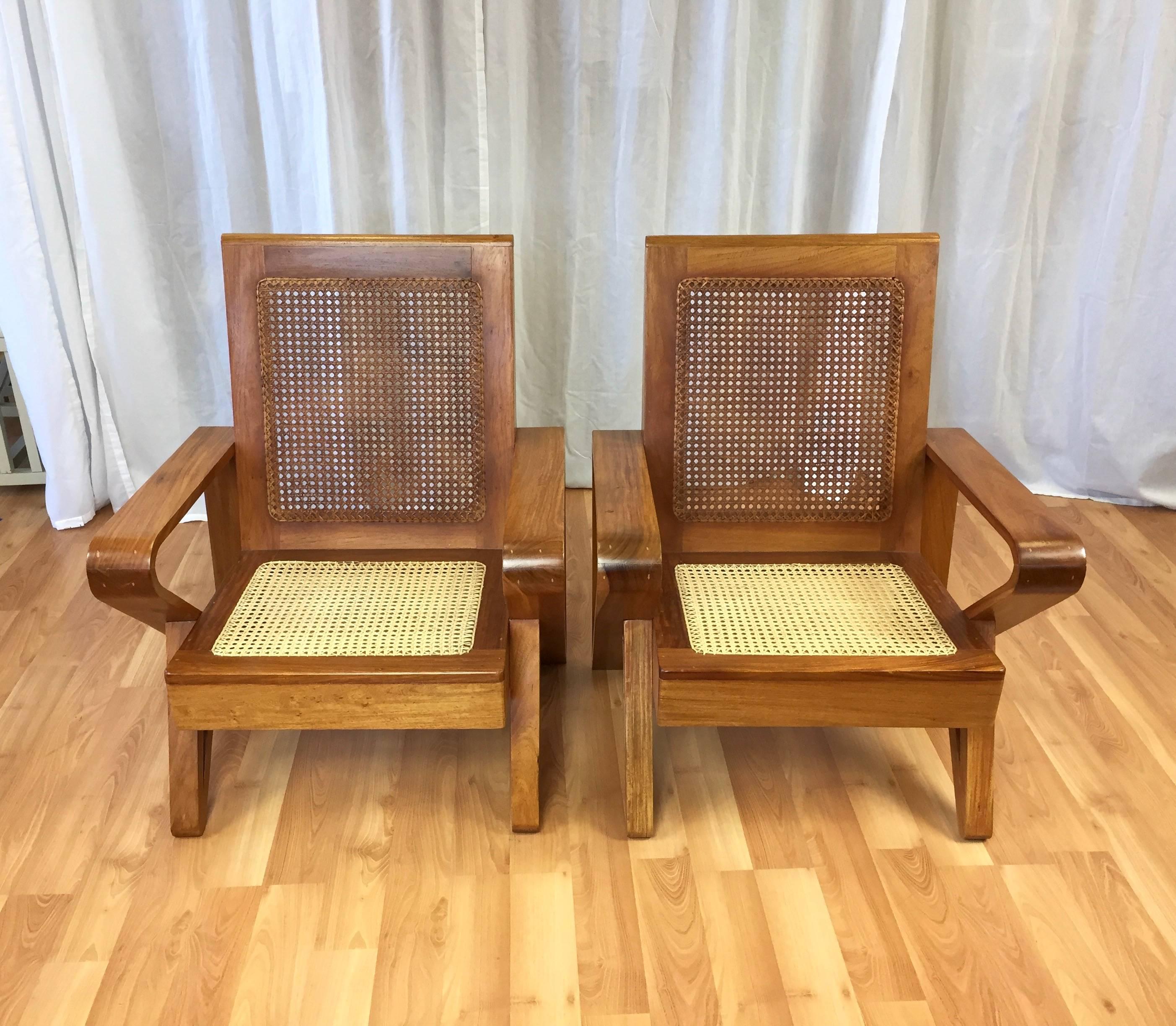 Mid-Century Modern Uncommon Pair of Hawaiian Koa Wood and Woven Cane Lounge Chairs