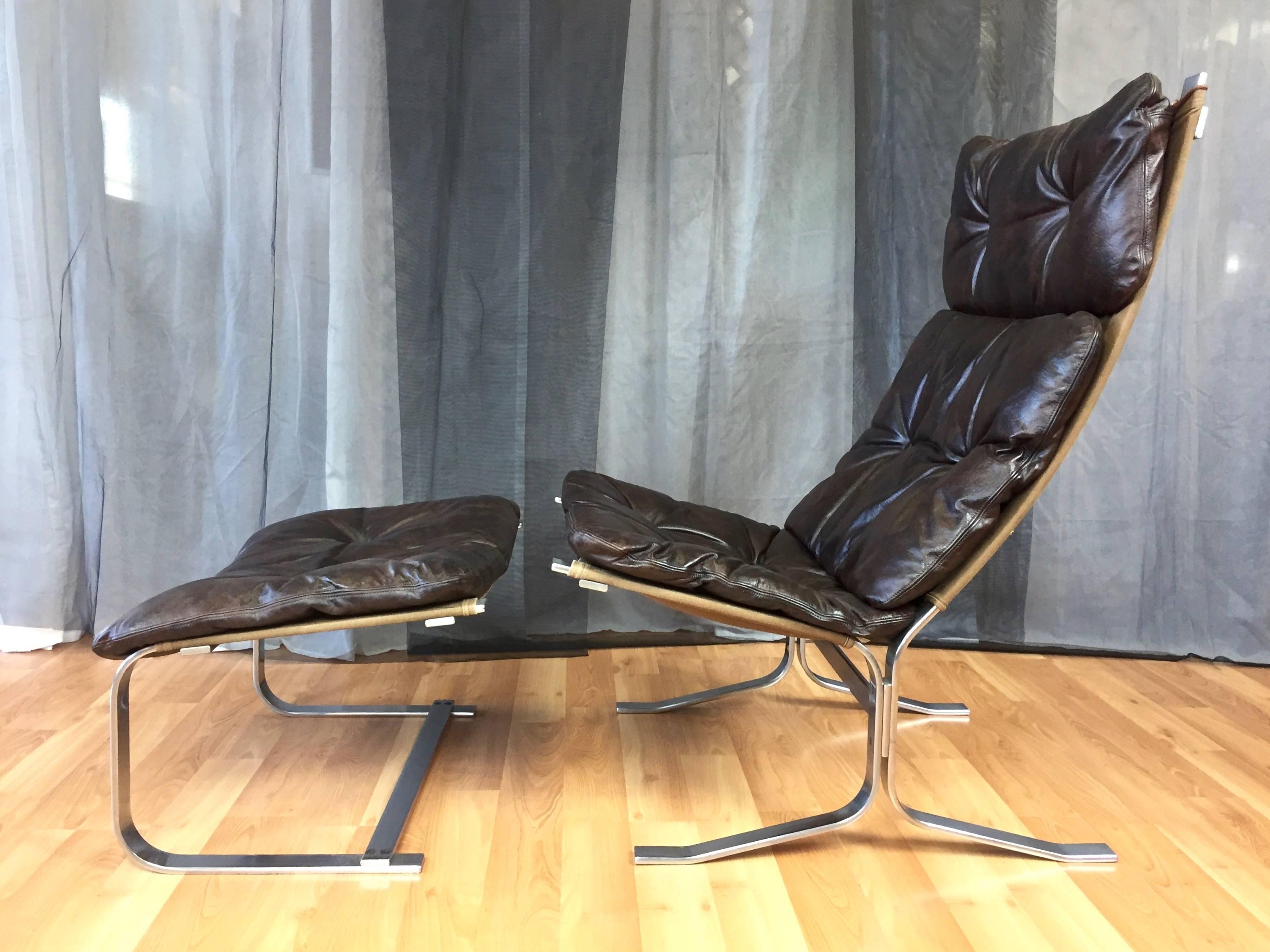 A rare steel frame and leather “Siesta” lounge chair and ottoman designed by Ingmar Relling for Westnofa of Norway.

Normally constructed out of bentwood, the seldom seen brushed flat bar steel frame of this set elevates what is already an